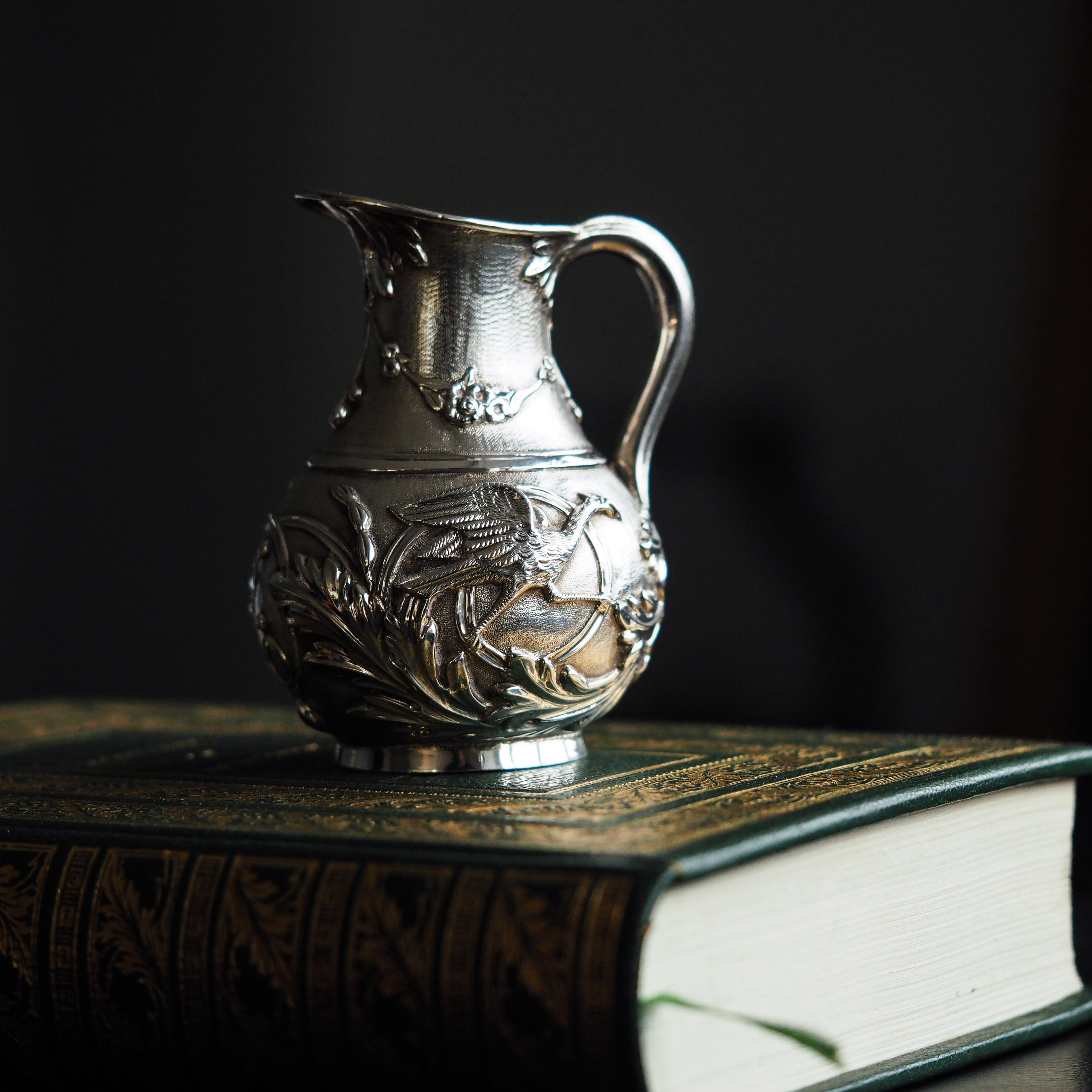 Antique Victorian Solid Silver Milk Pitcher Jug with Ornate Chased Design - 1863 For Sale 2