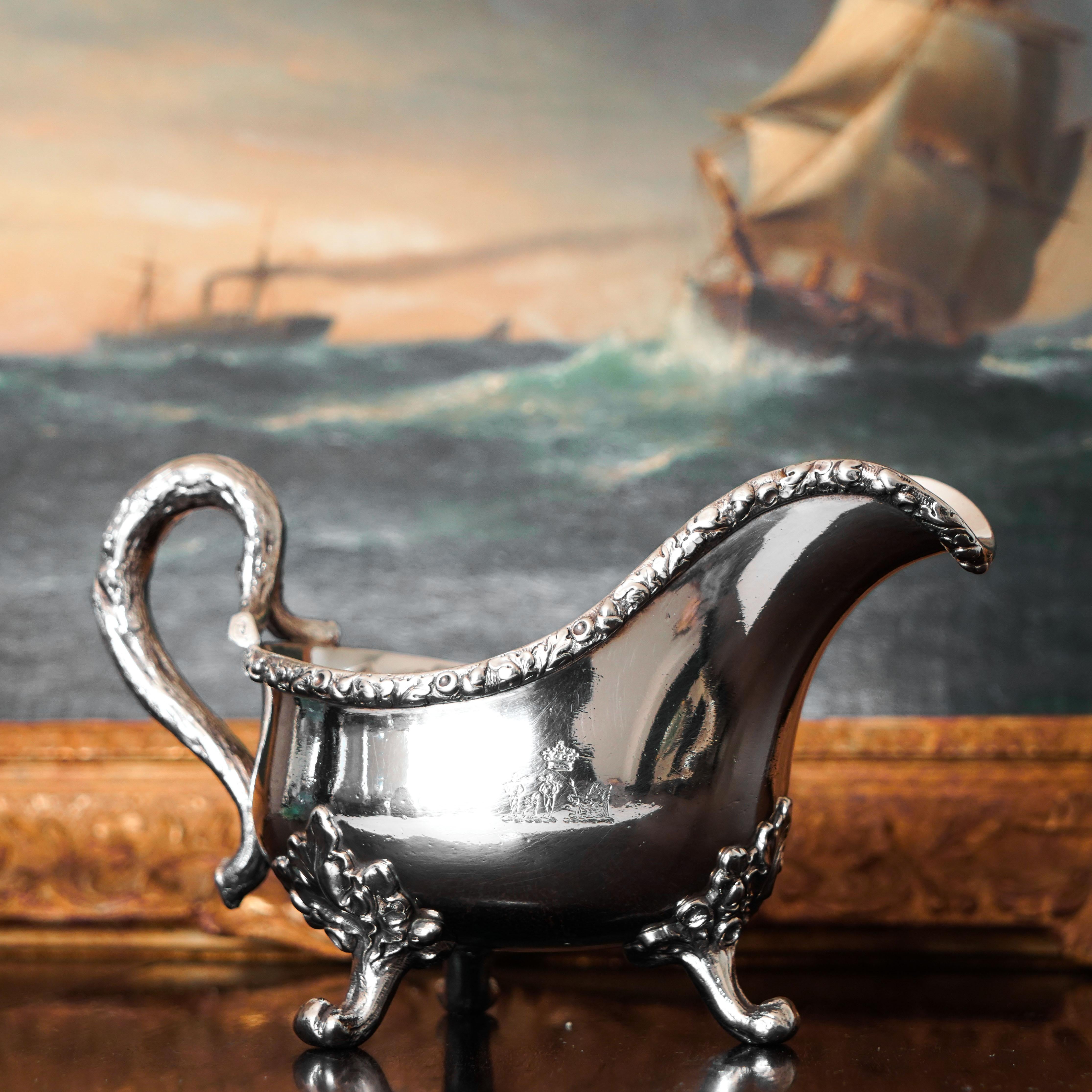 Antico Vittoriano in argento massiccio Naturalistico Sauce Boat Border Ghiandaia Londra 1881 in vendita 7