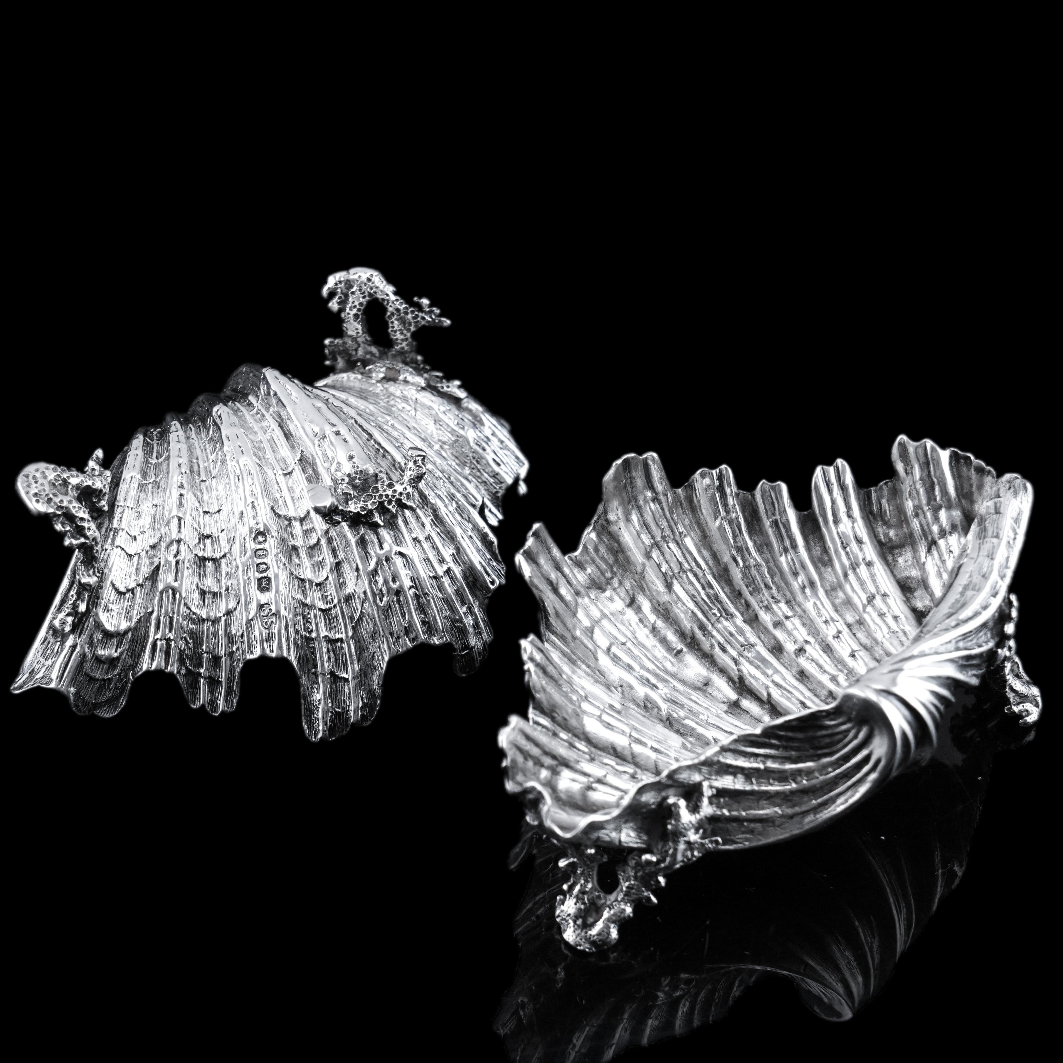 Antiguo par de saleros/mantequilleros victorianos de plata maciza Shell - Stephen Smith 1866 en venta 9