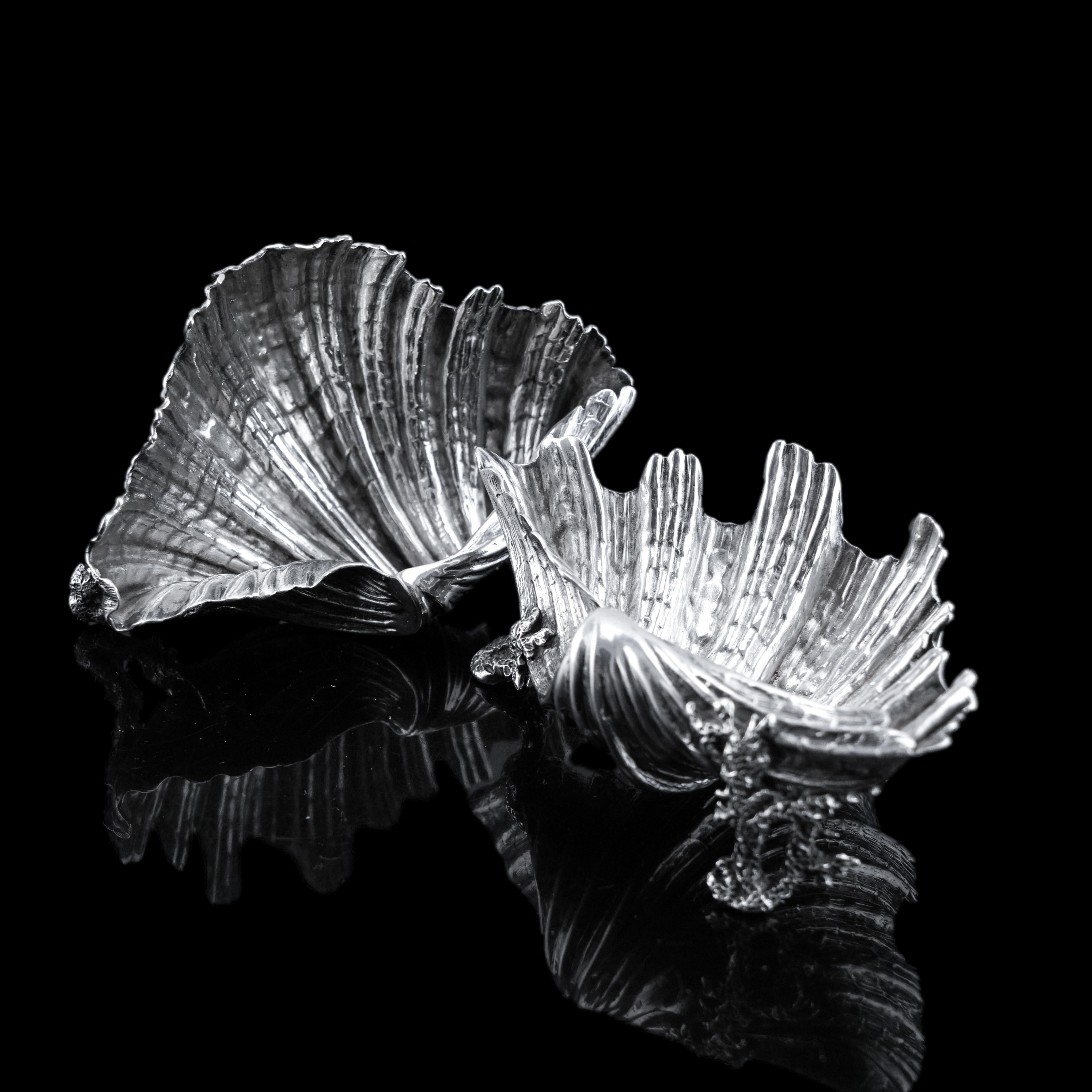 Antiguo par de saleros/mantequilleros victorianos de plata maciza Shell - Stephen Smith 1866 Plata esterlina en venta