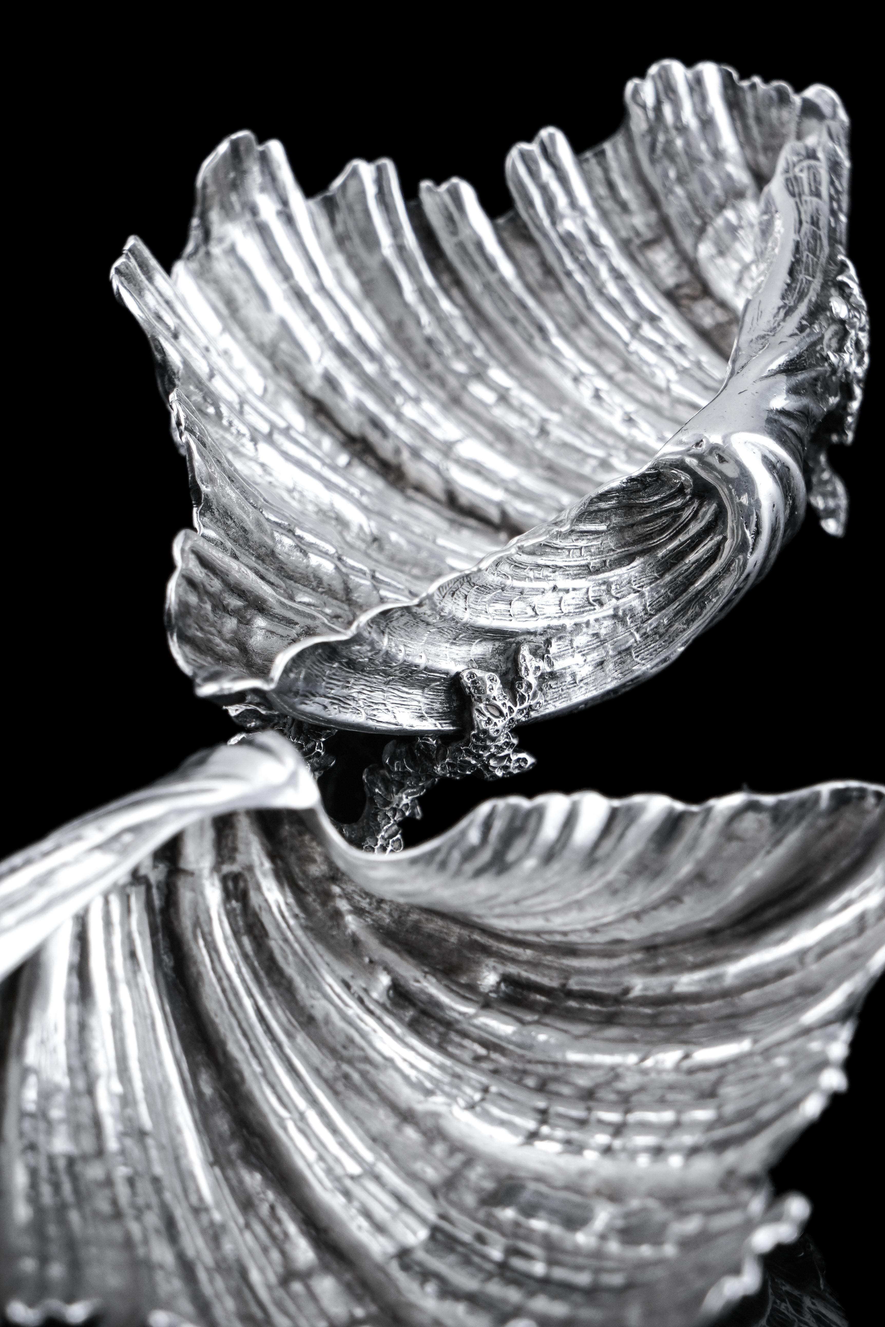 Antiguo par de saleros/mantequilleros victorianos de plata maciza Shell - Stephen Smith 1866 en venta 1