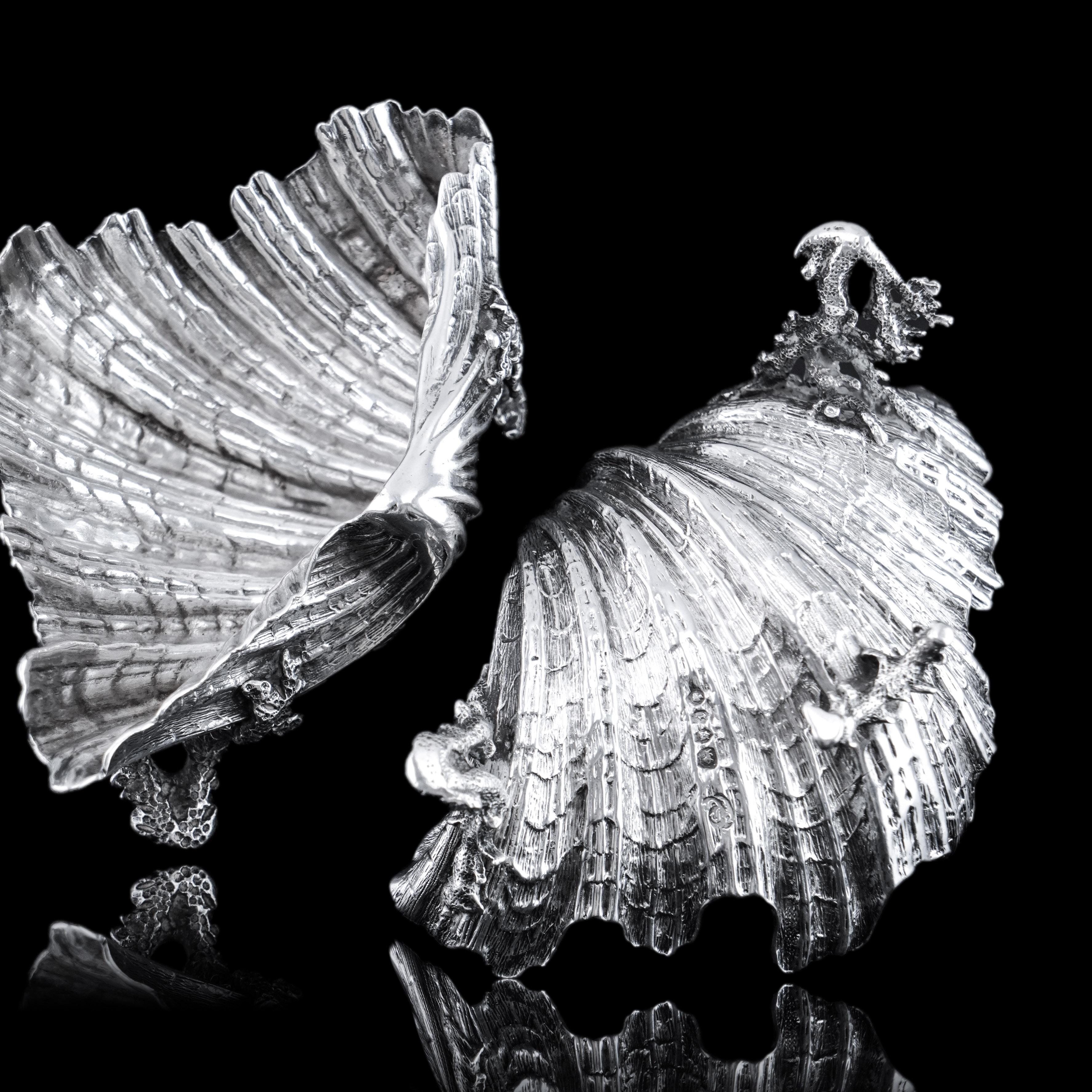 Antiguo par de saleros/mantequilleros victorianos de plata maciza Shell - Stephen Smith 1866 en venta 4