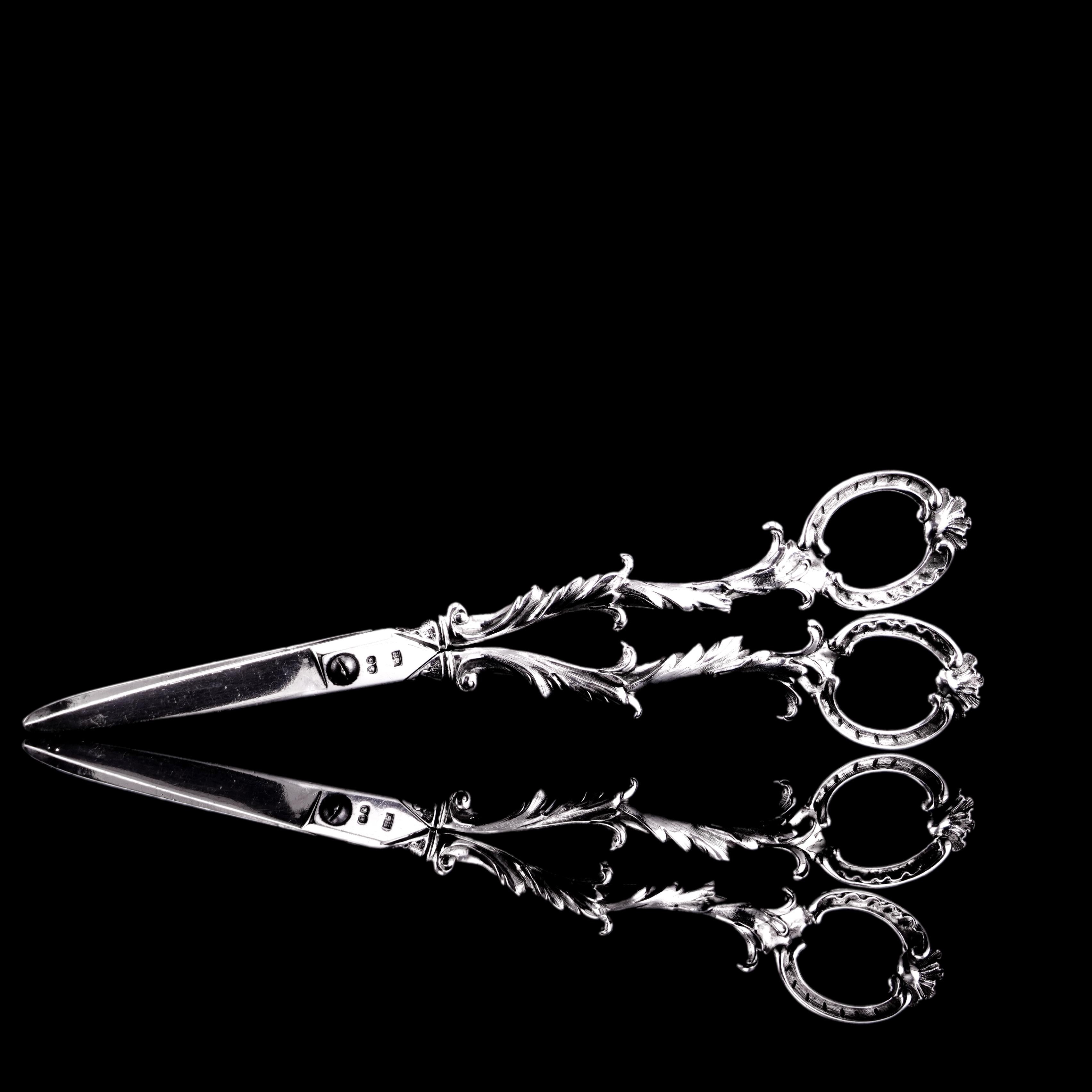 Antique Victorian Solid Silver Scissors/Grape Shears Cast Acanthus Design 1846 For Sale 6