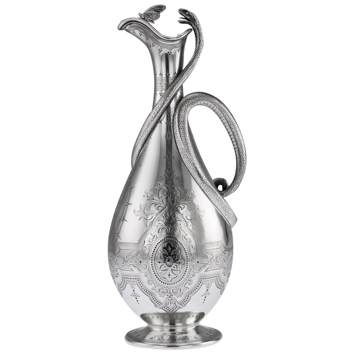Antique Victorian Solid Silver Snake Wine Jug, Barnards, circa 1863