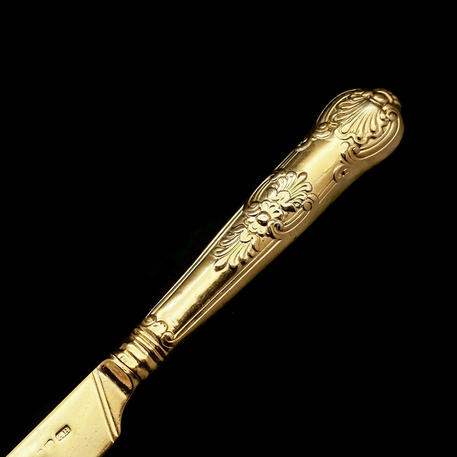 Antico set di 6 coltelli e forchette in argento massiccio vittoriano dorato - 1839 in vendita 6