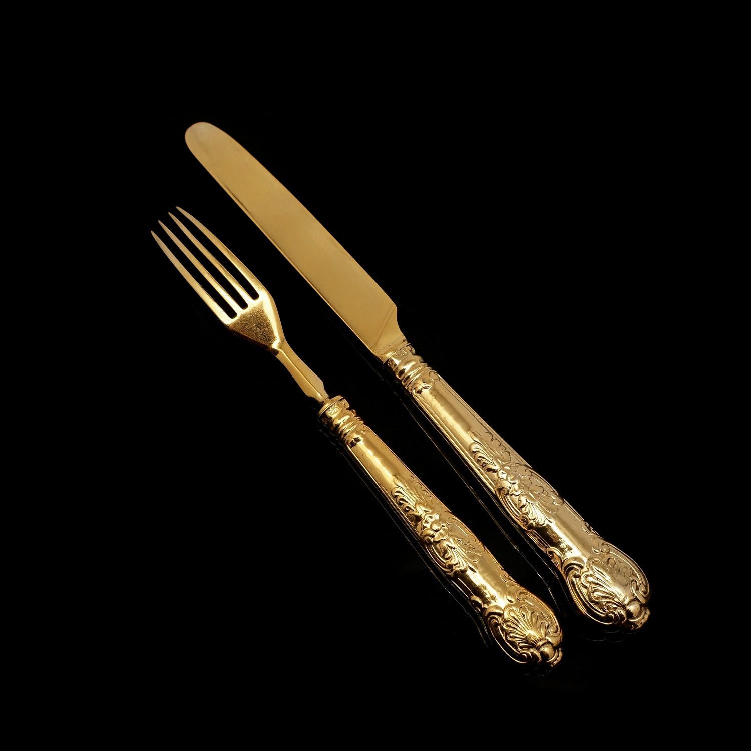 Antico set di 6 coltelli e forchette in argento massiccio vittoriano dorato - 1839 in vendita 11