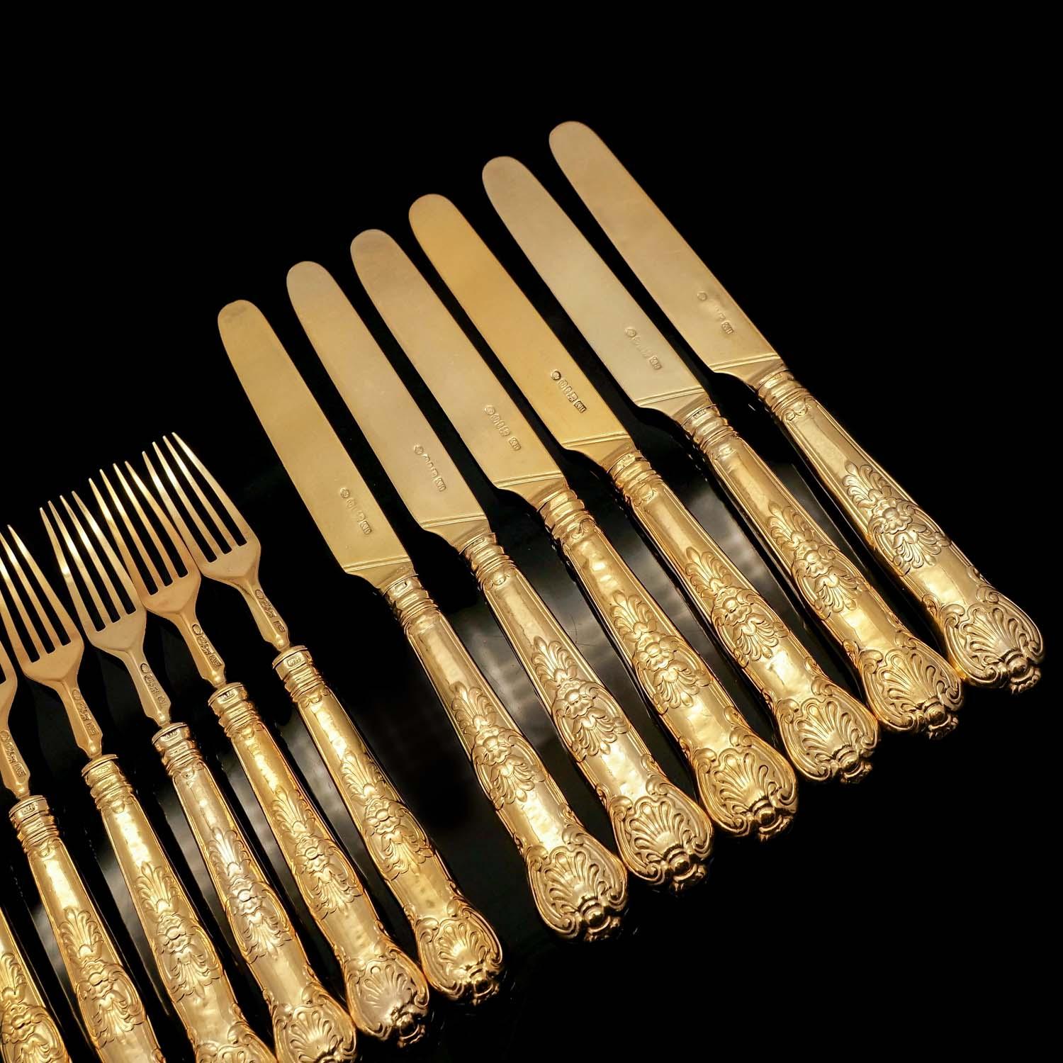 Antico set di 6 coltelli e forchette in argento massiccio vittoriano dorato - 1839 in vendita 12