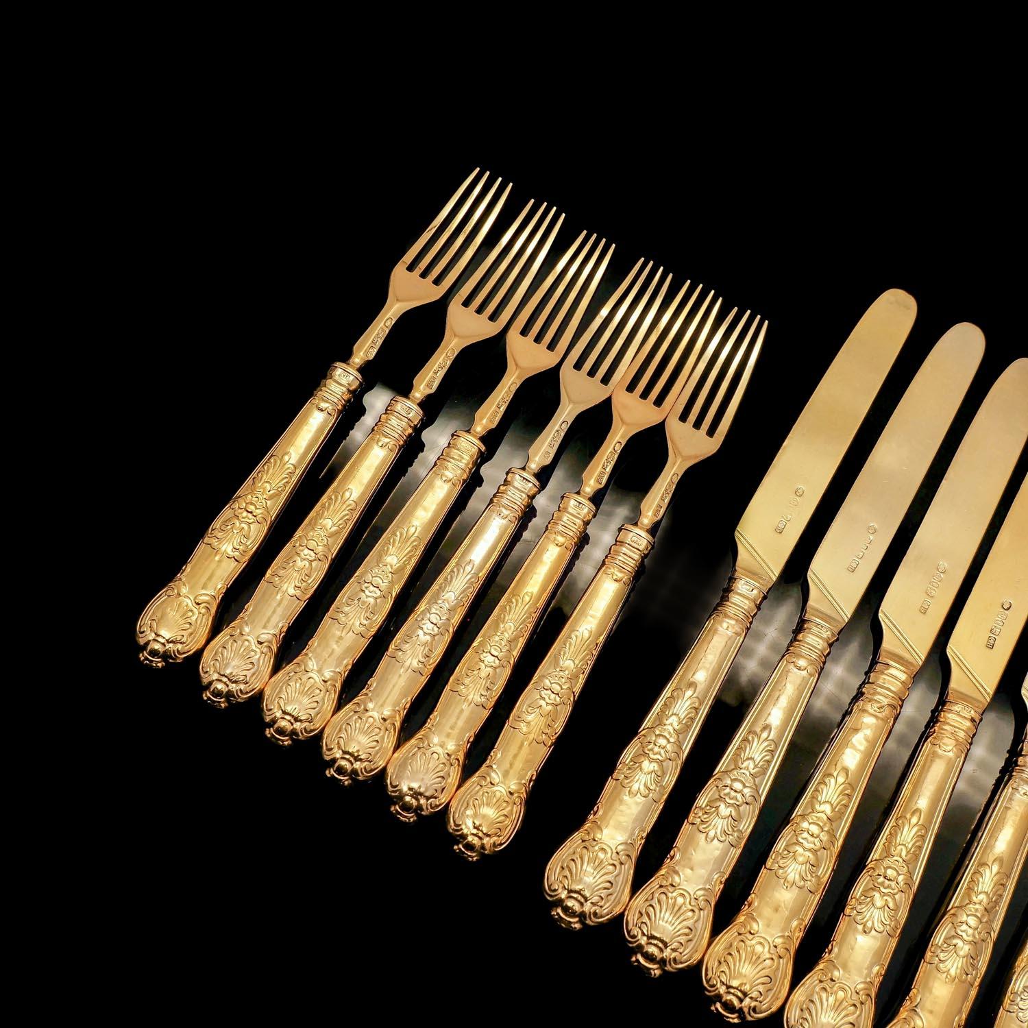 Antico set di 6 coltelli e forchette in argento massiccio vittoriano dorato - 1839 in vendita 13
