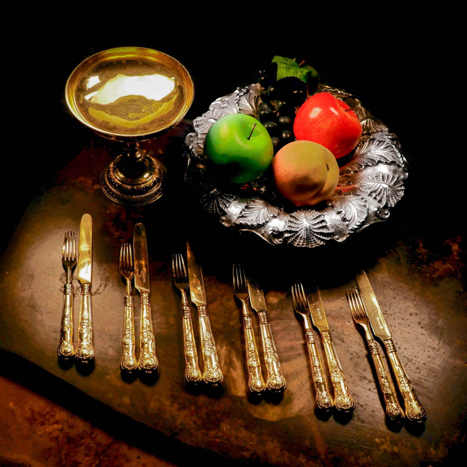 Antico set di 6 coltelli e forchette in argento massiccio vittoriano dorato - 1839 In condizioni buone in vendita a London, GB