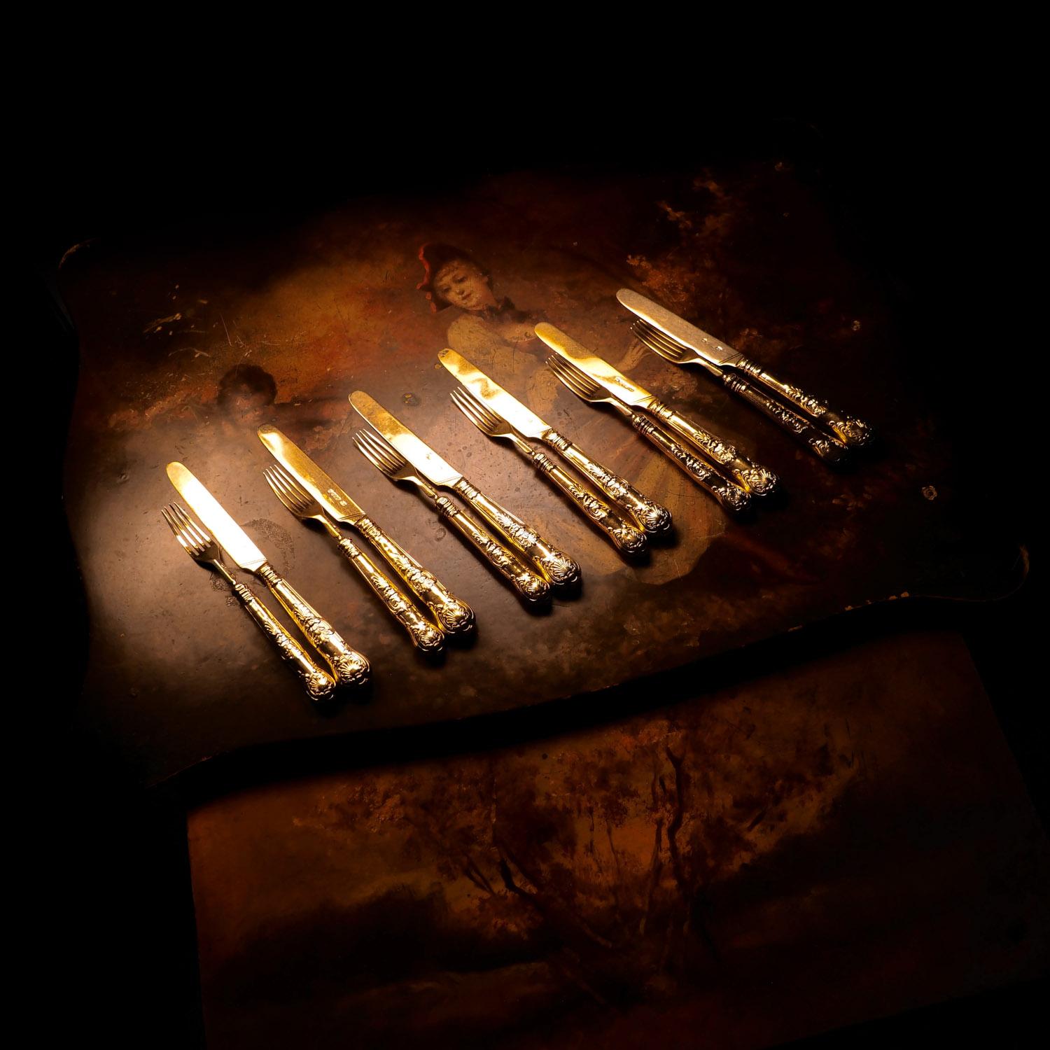 Antico set di 6 coltelli e forchette in argento massiccio vittoriano dorato - 1839 in vendita 3