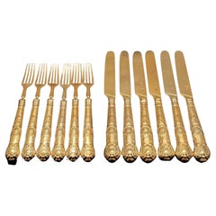 Juego de 6 cuchillos y tenedores antiguos victorianos de plata maciza de ley dorada - 1839