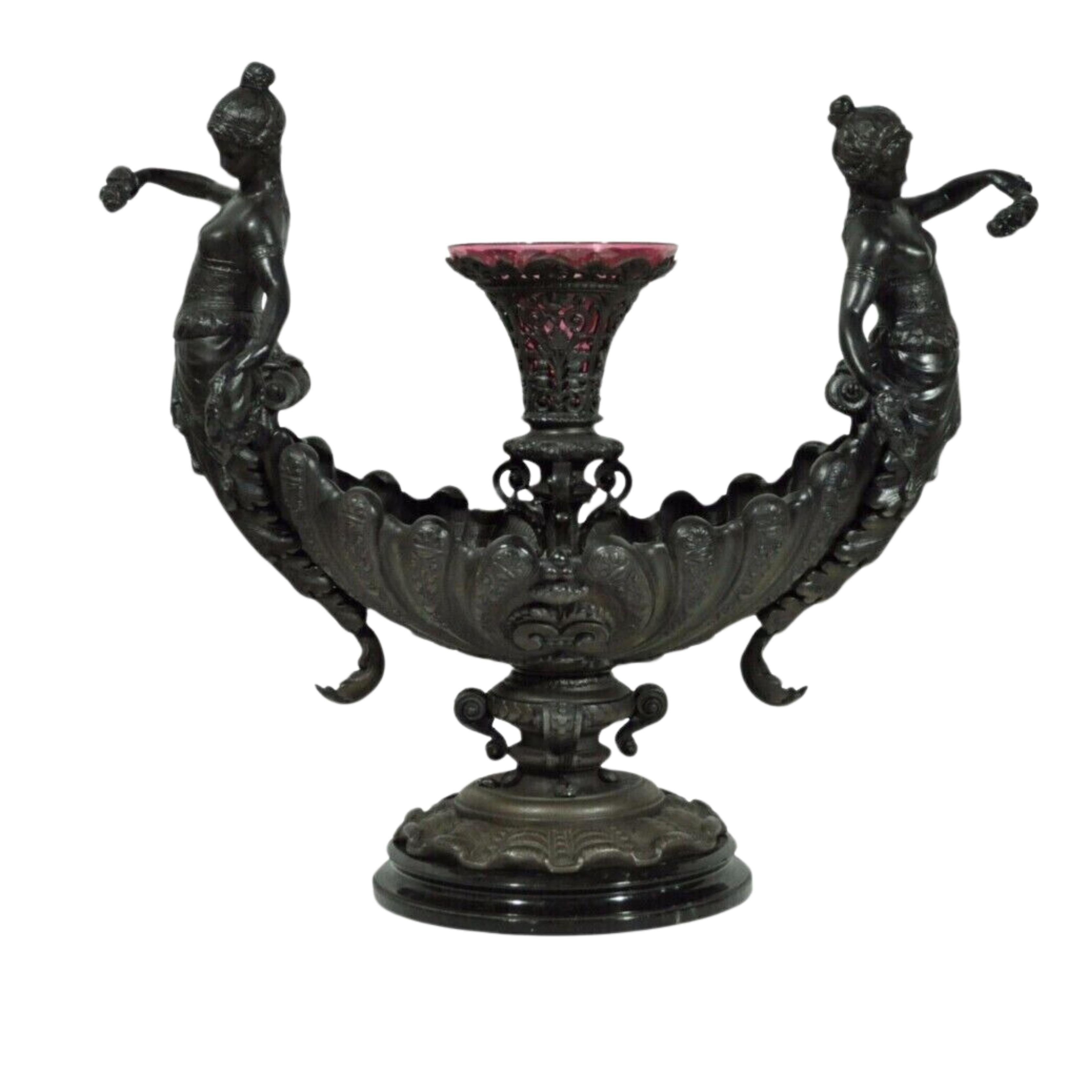 Antique Victorian Spelter & Marble Figural Mermaid Centerpiece Bowl Vase Epergne For Sale