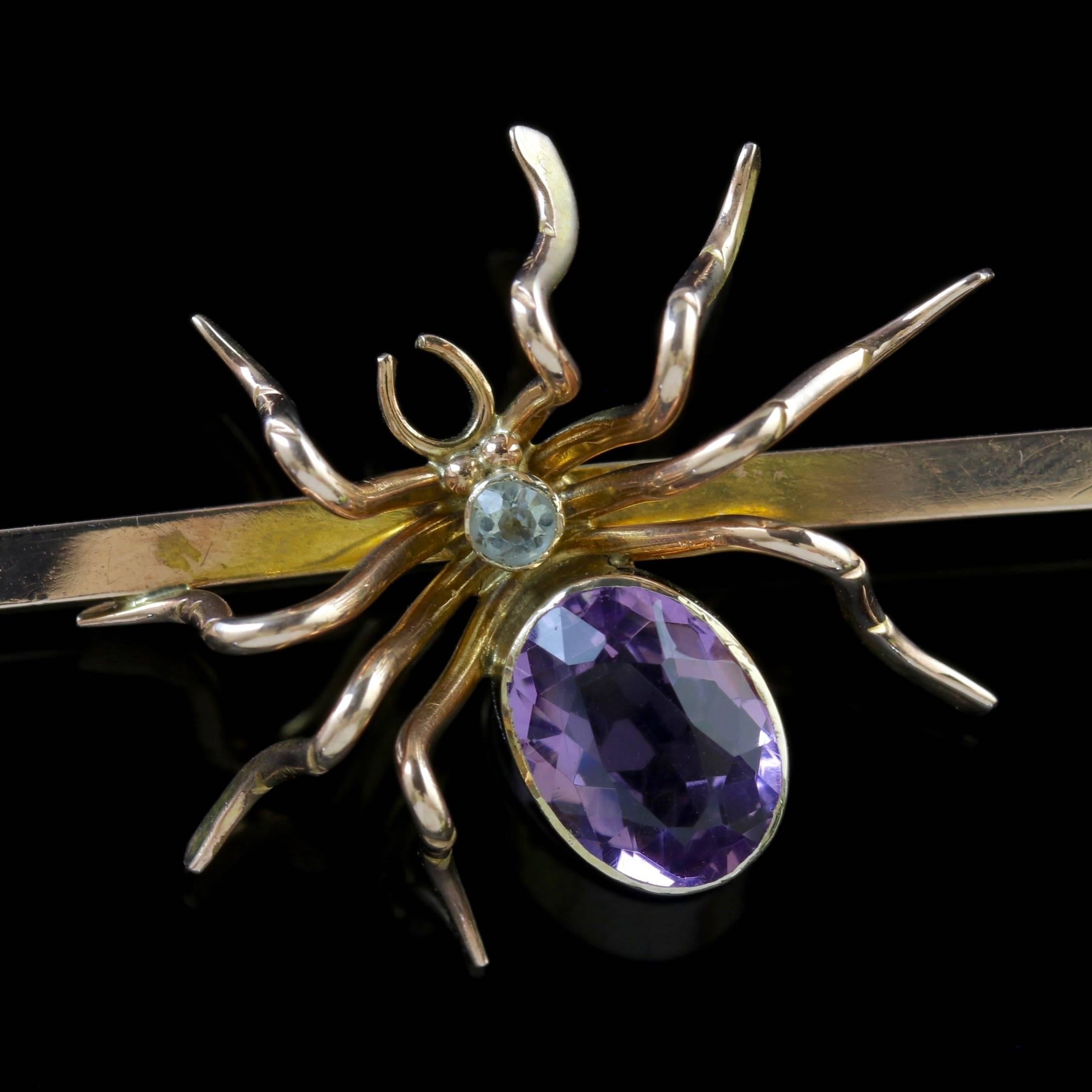 To read more please click continue reading below-

This fabulous antique 9ct Gold Victorian Amethyst Spider brooch is Circa 1900. 

Insect or spider jewellery today is highly collectable and was a symbol of good luck to the wearer during the