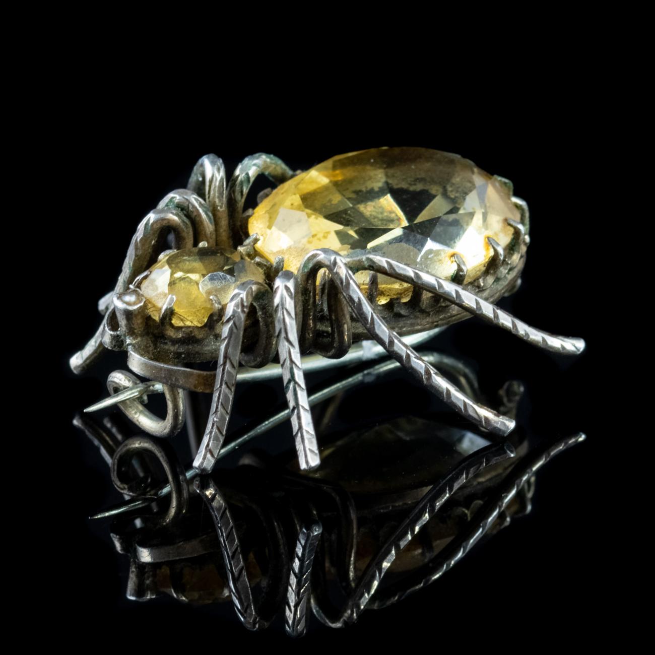 Women's or Men's Antique Victorian Spider Brooch Citrine Silver Dated 1882 For Sale