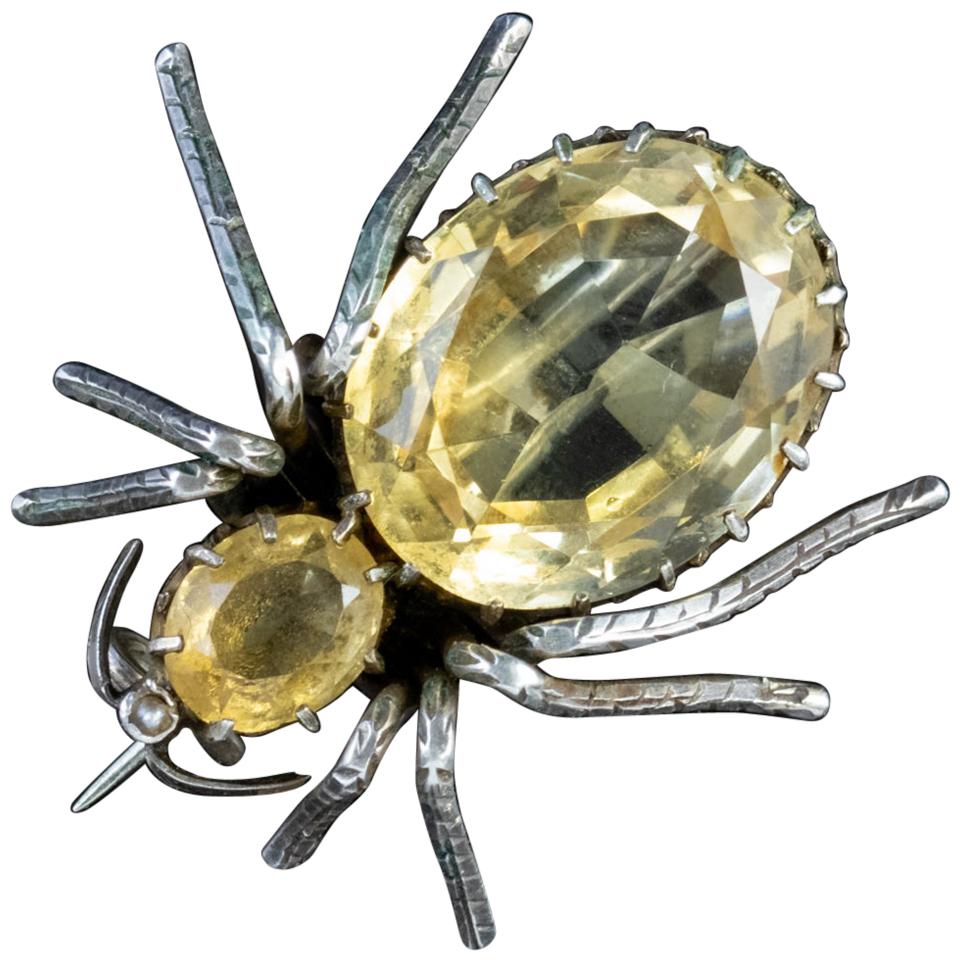 Antique Victorian Spider Brooch Citrine Silver Dated 1882 For Sale