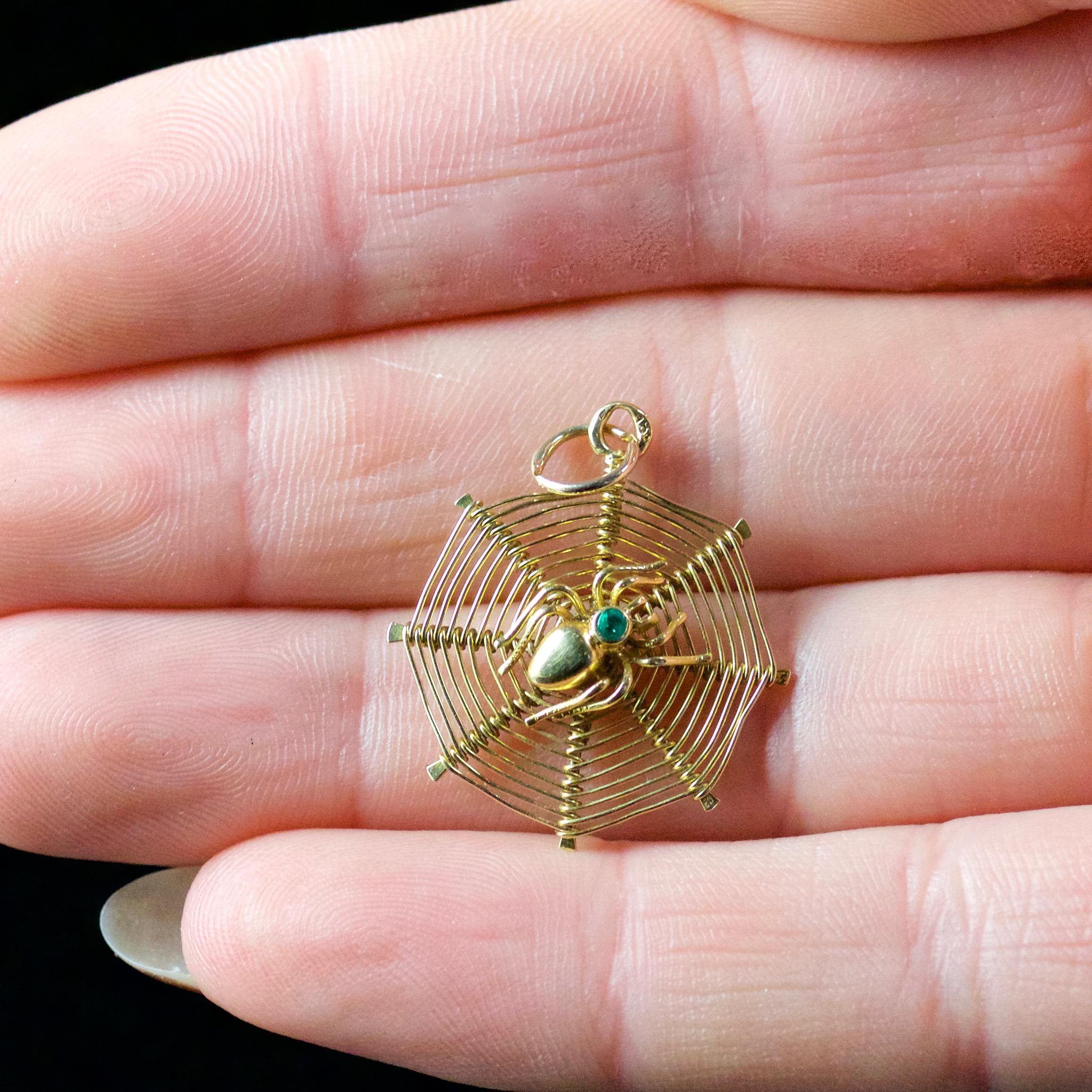 Antique Victorian Spider Web Emerald Pendant 18 Carat Gold, circa 1900 2