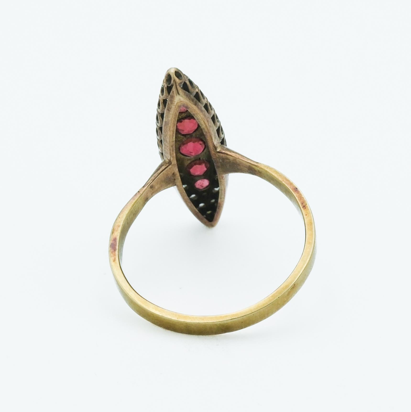 Late Victorian Antique Victorian Spinel and Diamond Navette Ring in 10 Karat Gold