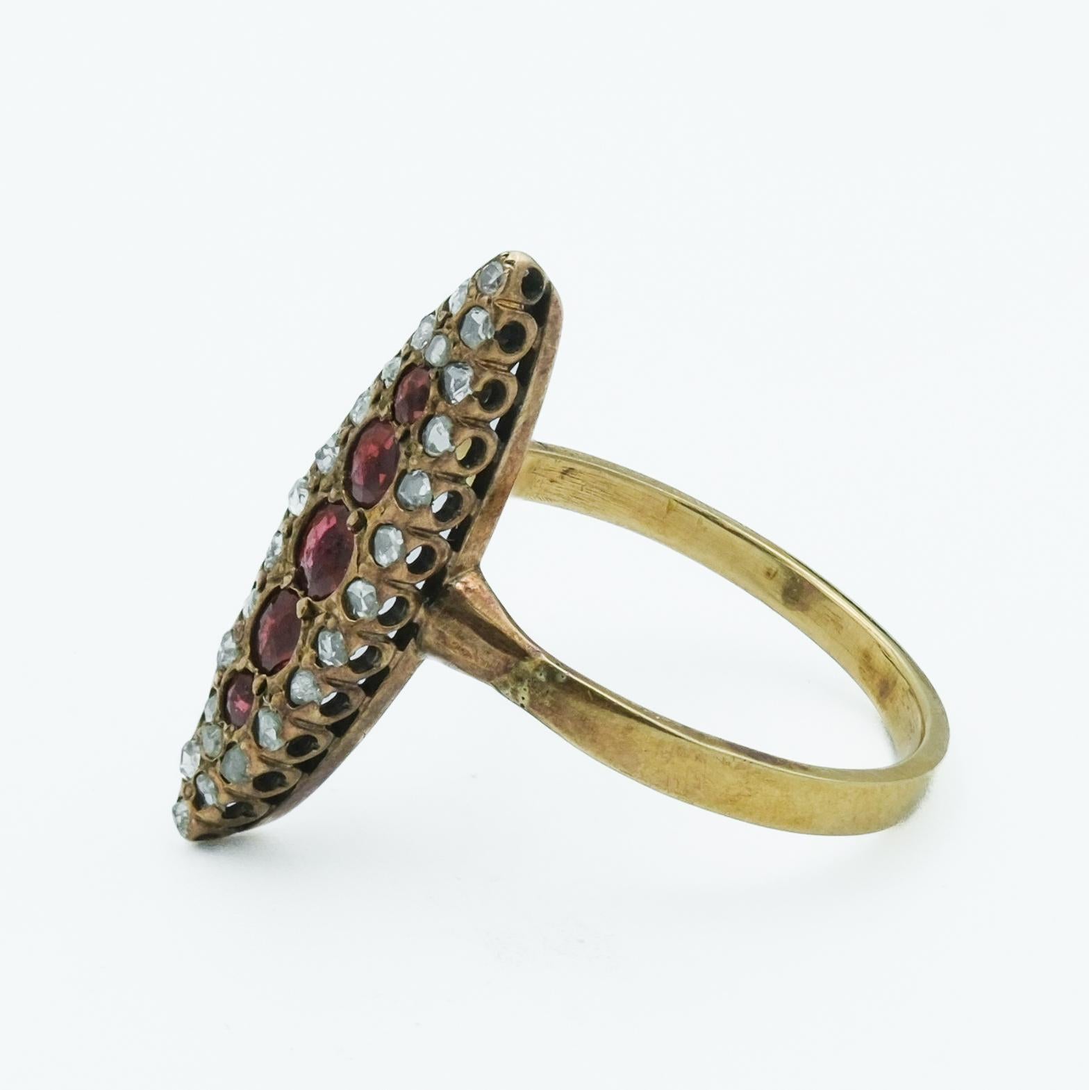 Round Cut Antique Victorian Spinel and Diamond Navette Ring in 10 Karat Gold