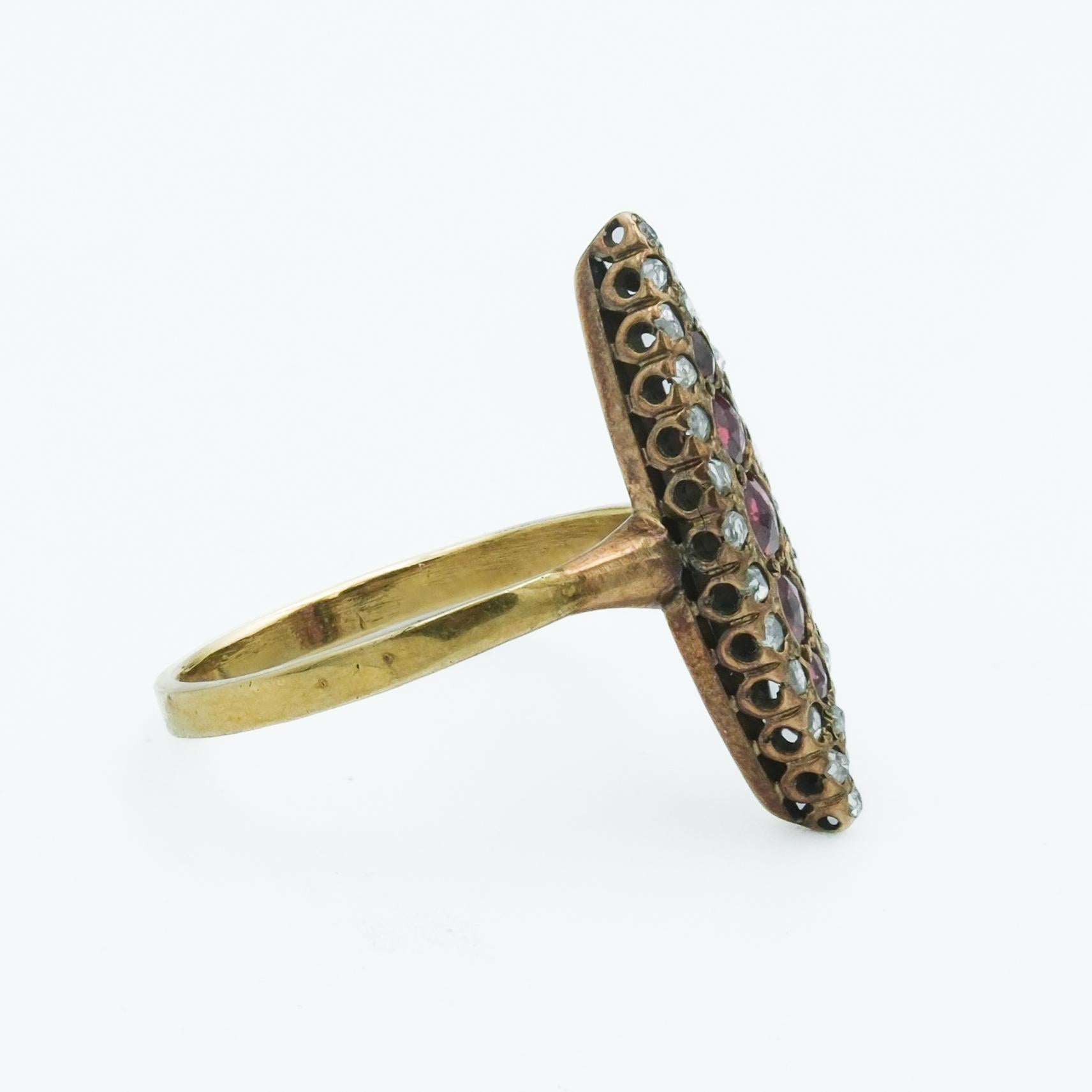 Antique Victorian Spinel and Diamond Navette Ring in 10 Karat Gold In Good Condition In Fairfield, CT