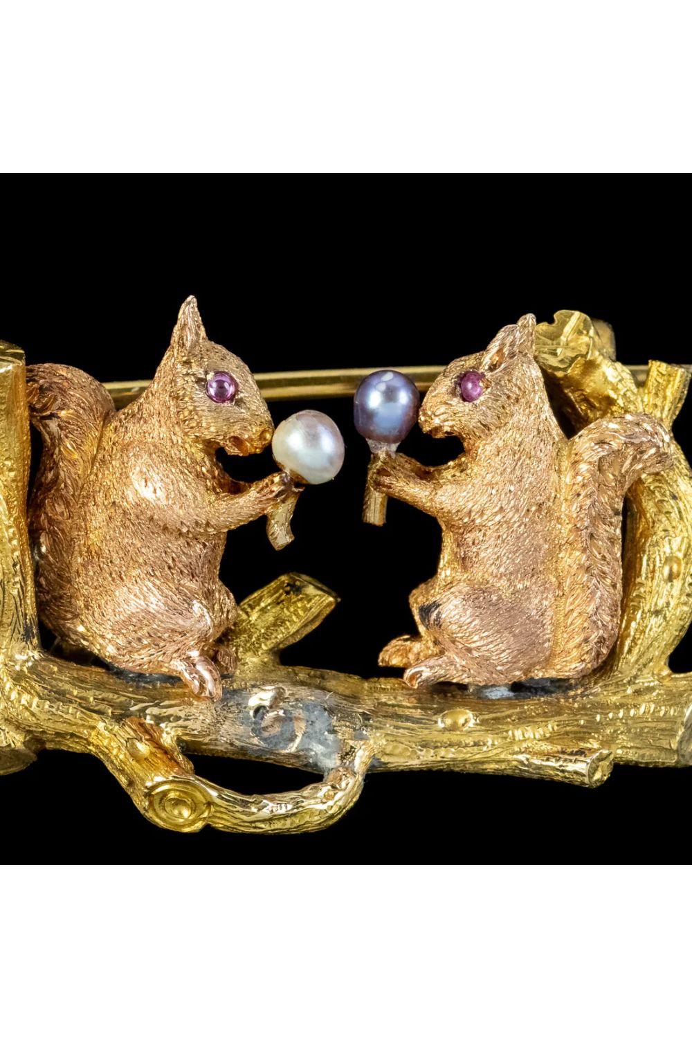 Antique Victorian Squirrel Brooch Pearl Acorns in 18 Carat Gold In Good Condition For Sale In Kendal, GB