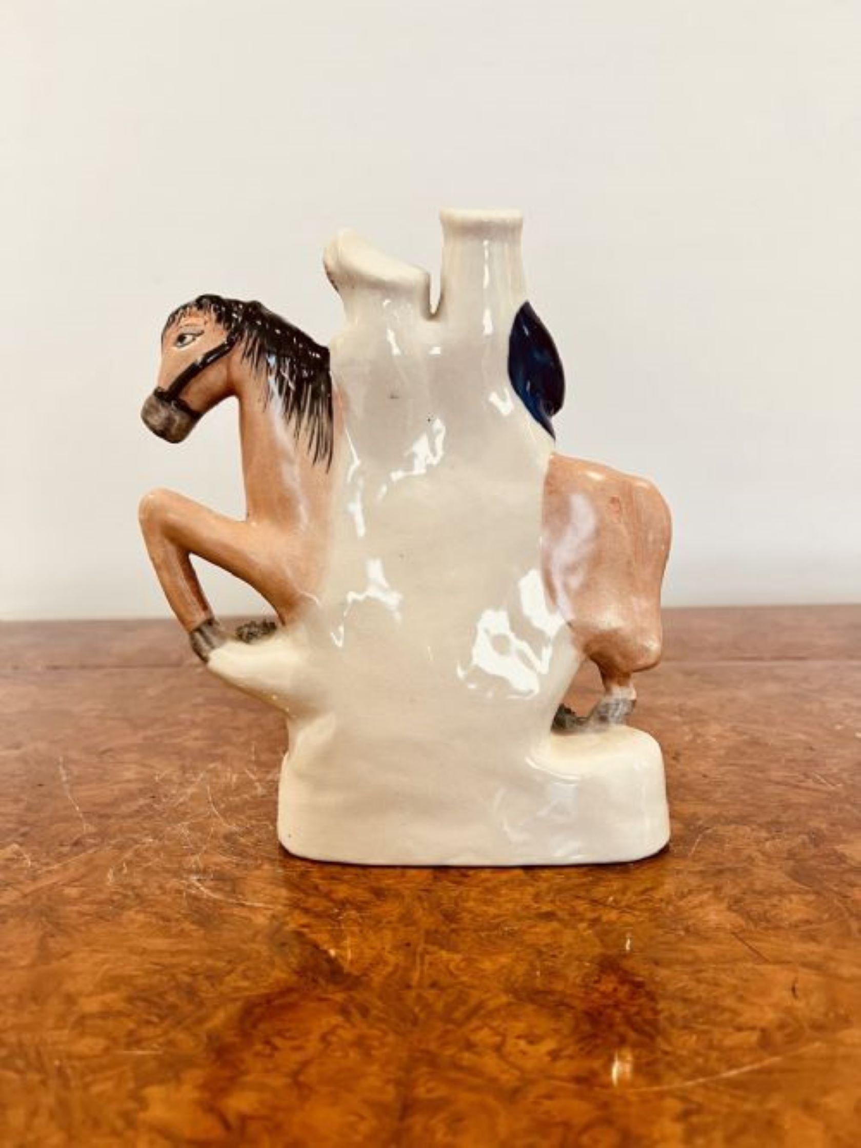 Antique Victorian Staffordshire 'returning home' figure of two people riding on a horse in wonderful period clothing in lovely green, yellow, brown, blue, red and cream colours 

