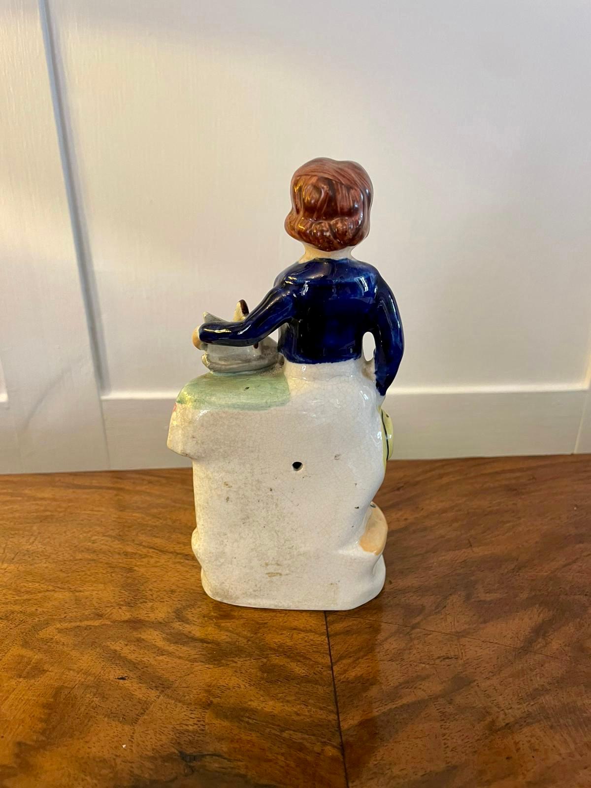 Antique Victorian Staffordshire flatback figure of a young boy dressed as a sailor holding his toy boat. 

In lovely original condition. 
H 16cm x W 8cm x D 5cm
Date 1880        
