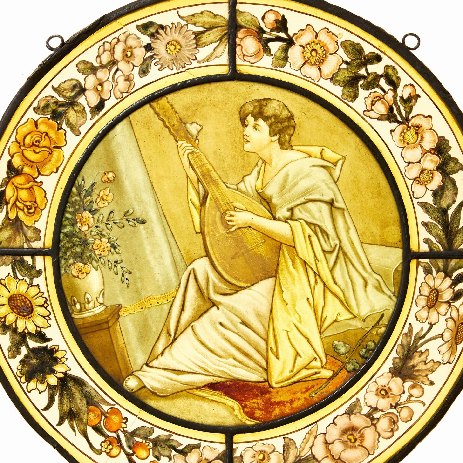 English Antique Victorian Stained Glass Roundel of Woman Playing Lyre For Sale