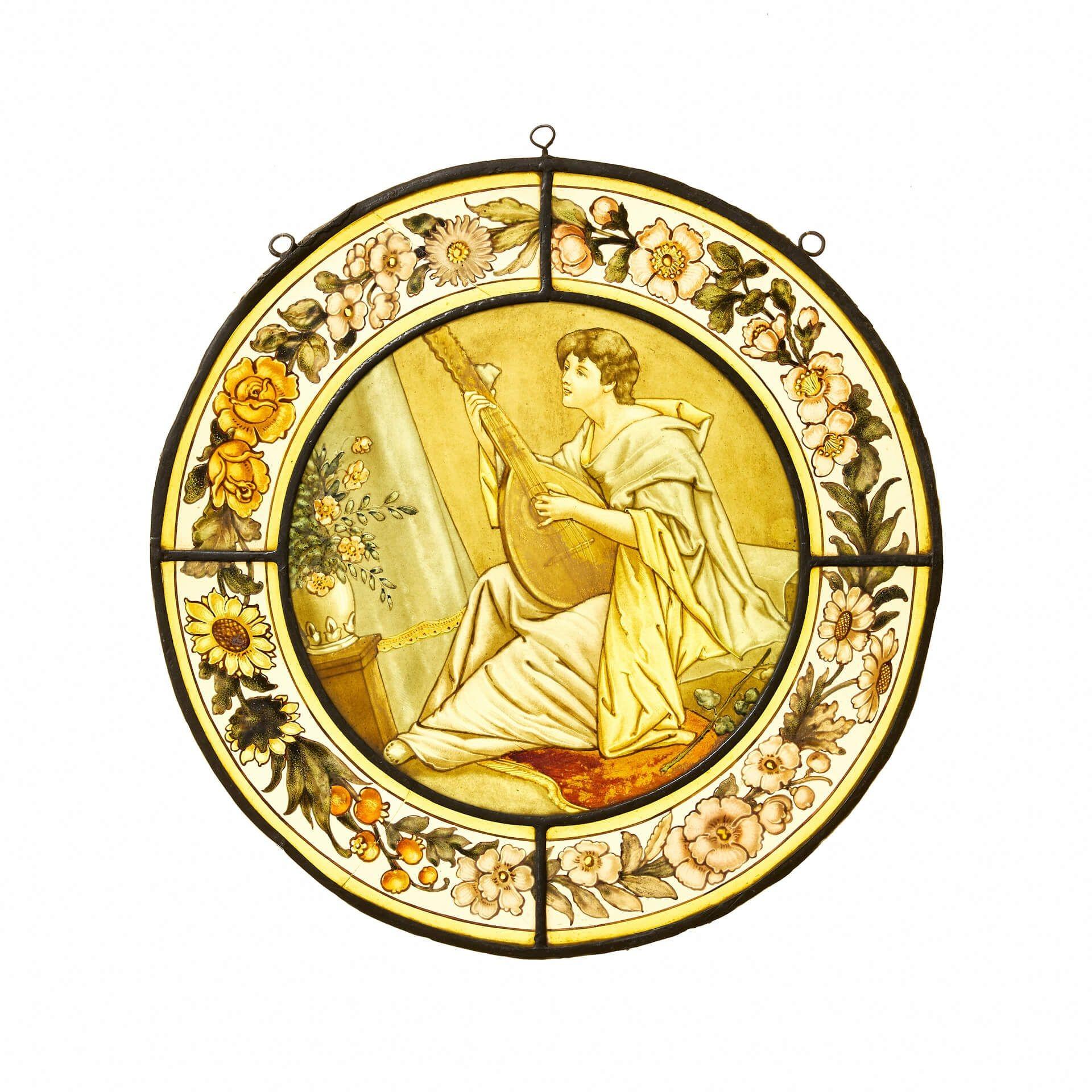 Antique Victorian Stained Glass Roundel of Woman Playing Lyre In Fair Condition For Sale In Wormelow, Herefordshire