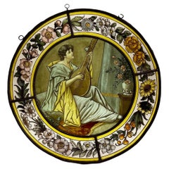 Antique Victorian Stained Glass Roundel of Woman Playing Lyre