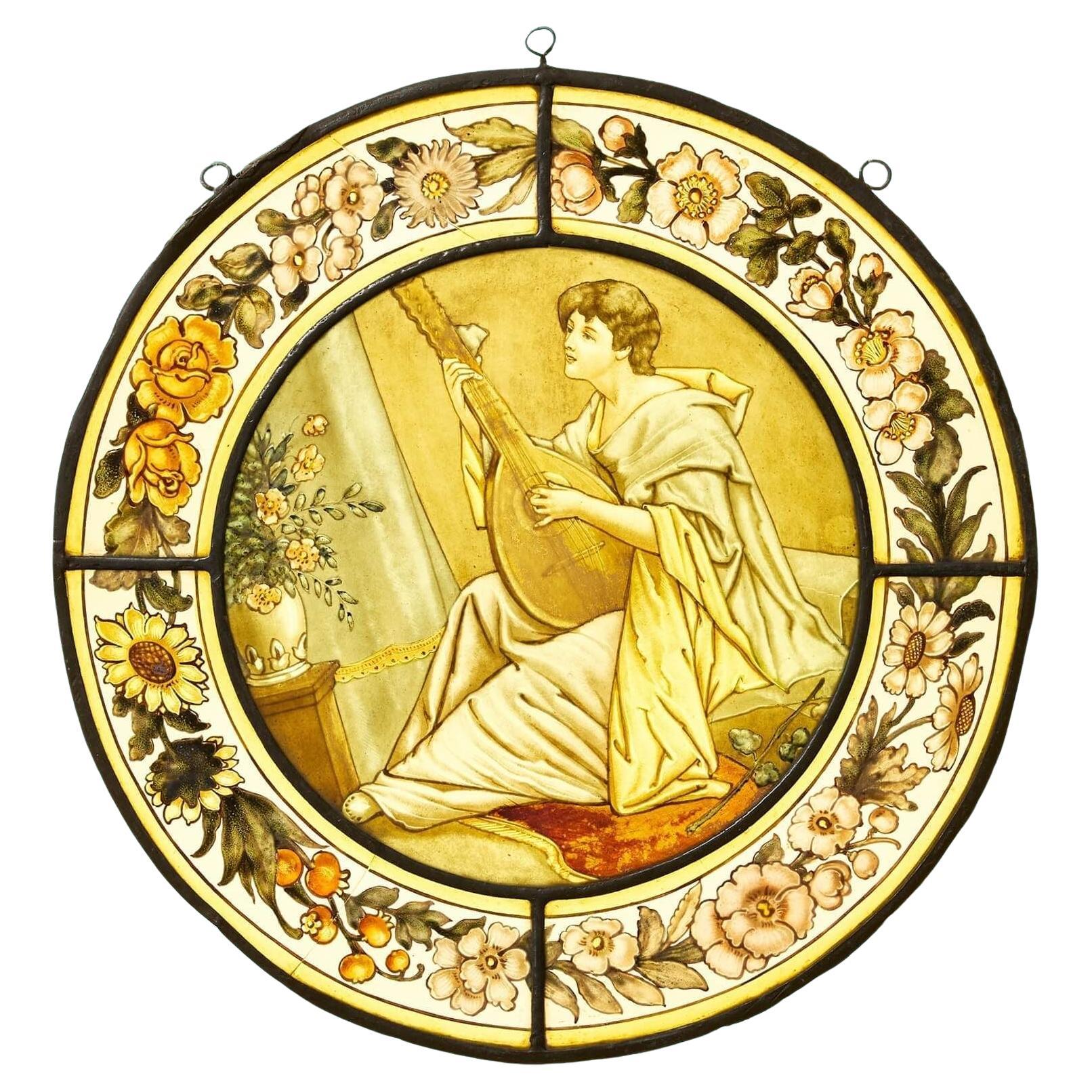 Antique rondelle victorienne représentant une femme jouant de la lyre
