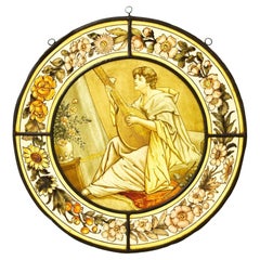 Antique Victorian Stained Glass Roundel of Woman Playing Lyre