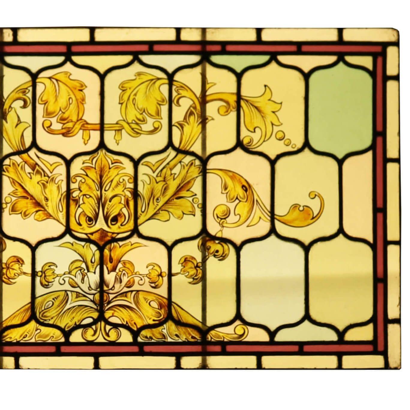 A beautifully hand painted antique stained glass panel in the Victorian style with a detailed floral design. We have another panel almost identical.

At over 130 years old, this beautiful stained glass panel is in good structural condition. There