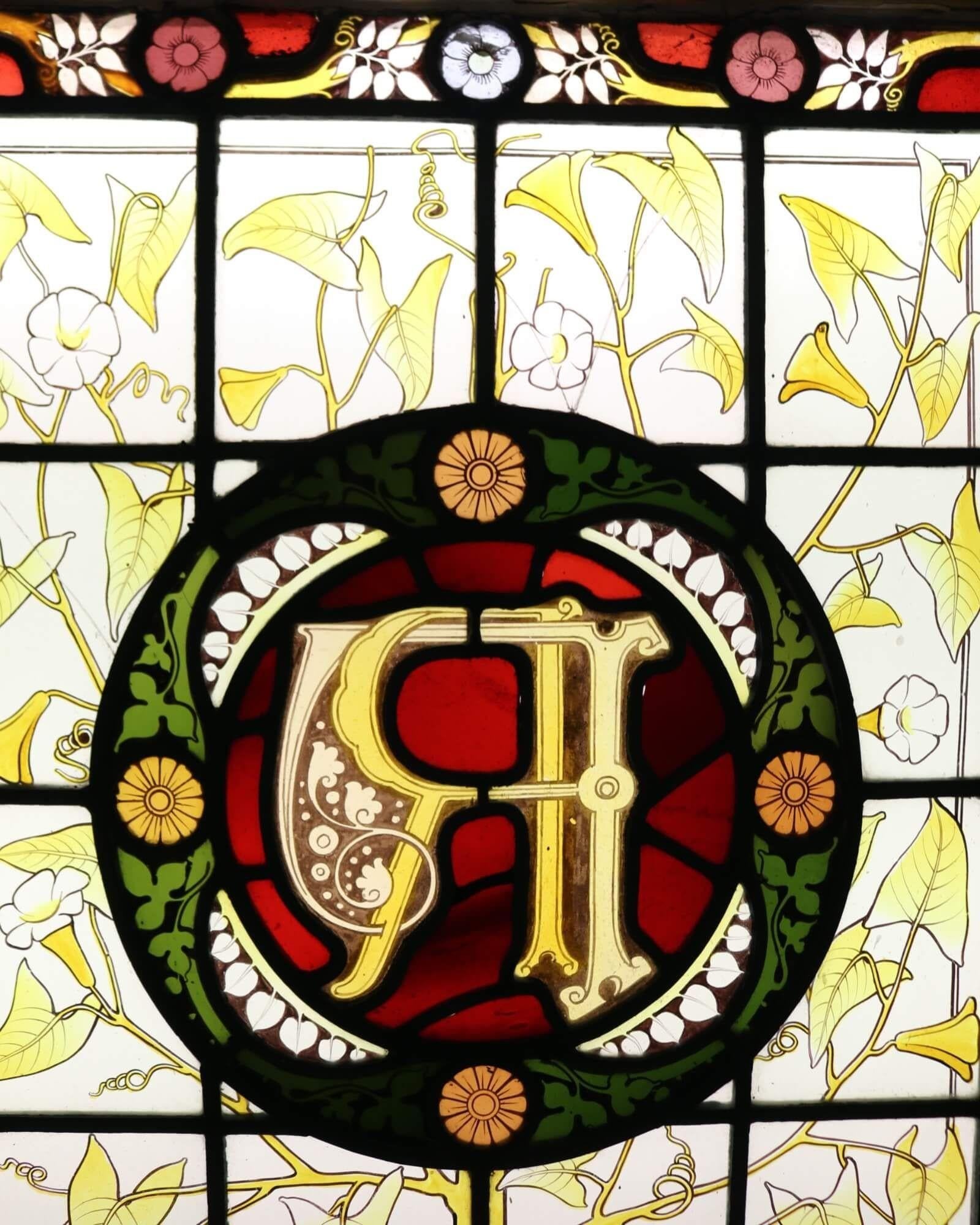 English Antique Victorian Stained Glass Window with Monogram For Sale