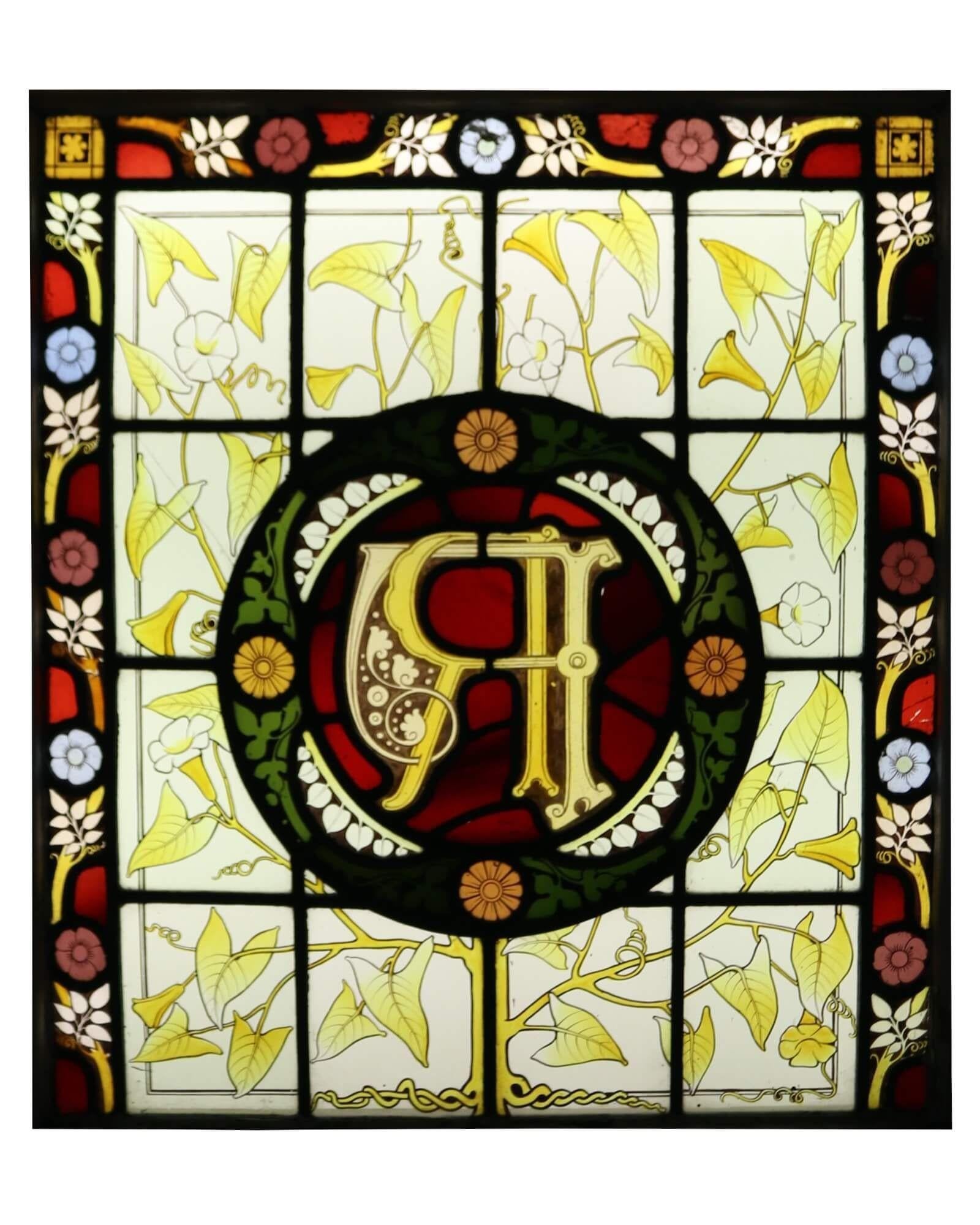 Antique Victorian Stained Glass Window with Monogram In Fair Condition For Sale In Wormelow, Herefordshire