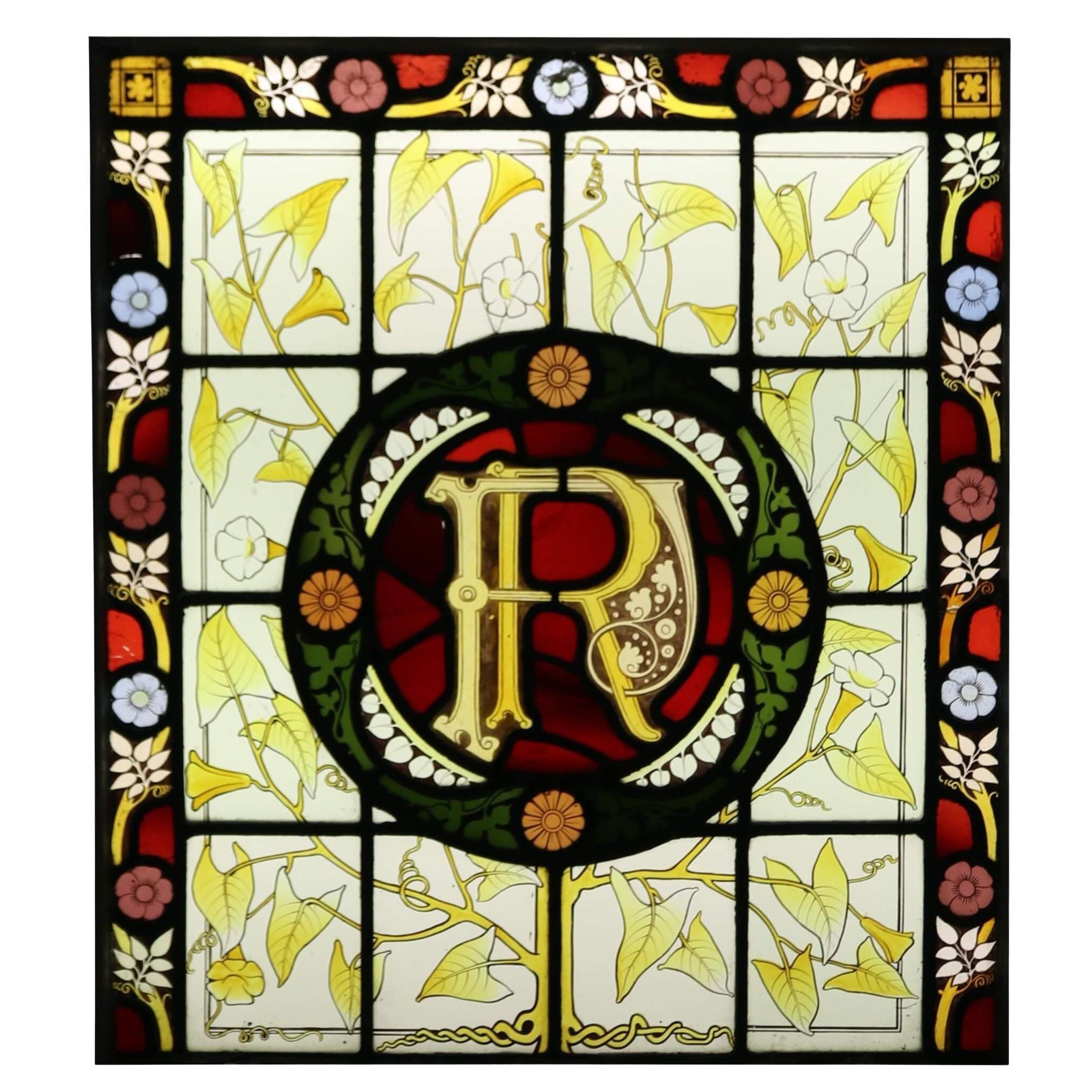 Antique Victorian Stained Glass Window with Monogram For Sale
