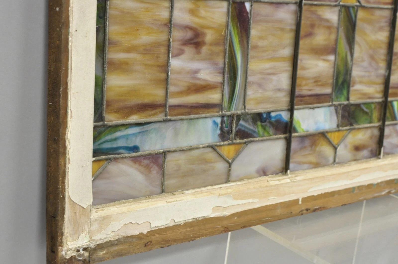 Antique Victorian Stained Leaded Glass Blue Green 24x48 