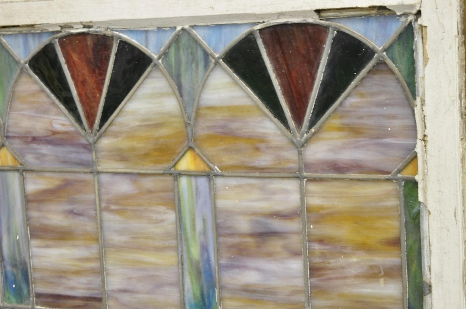 Antique Victorian Stained Leaded Glass Blue Green 24x48 