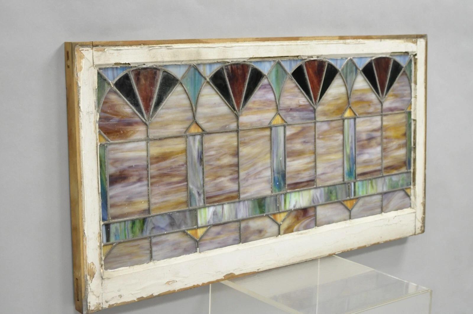 Antique Victorian Stained Leaded Glass Blue Green 24x48 