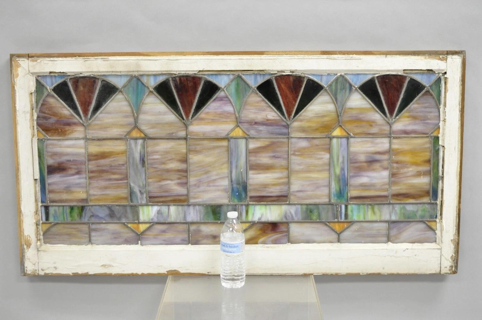 Antique Victorian Stained Leaded Glass Blue Green Cranberry 