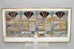 Antiker viktorianischer fächerförmiger Transom aus gebeiztem Bleiglas in Blau und Grün 24x48 „Fan“