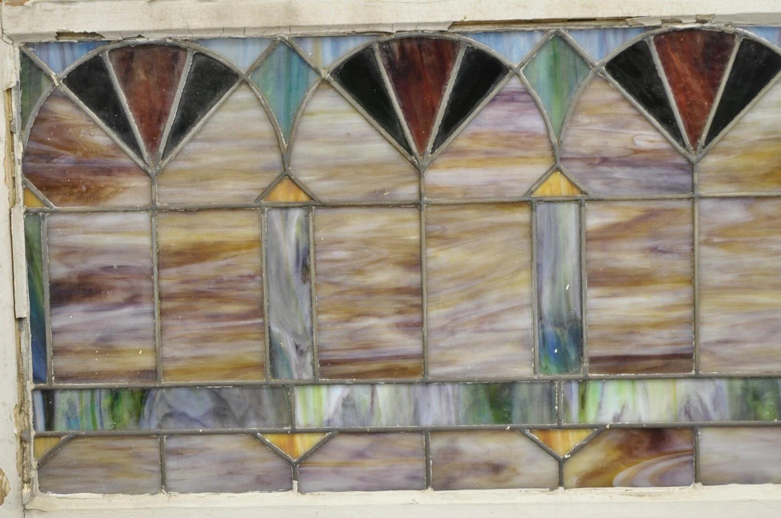Unknown Antique Victorian Stained Leaded Glass Blue Green 24x48 