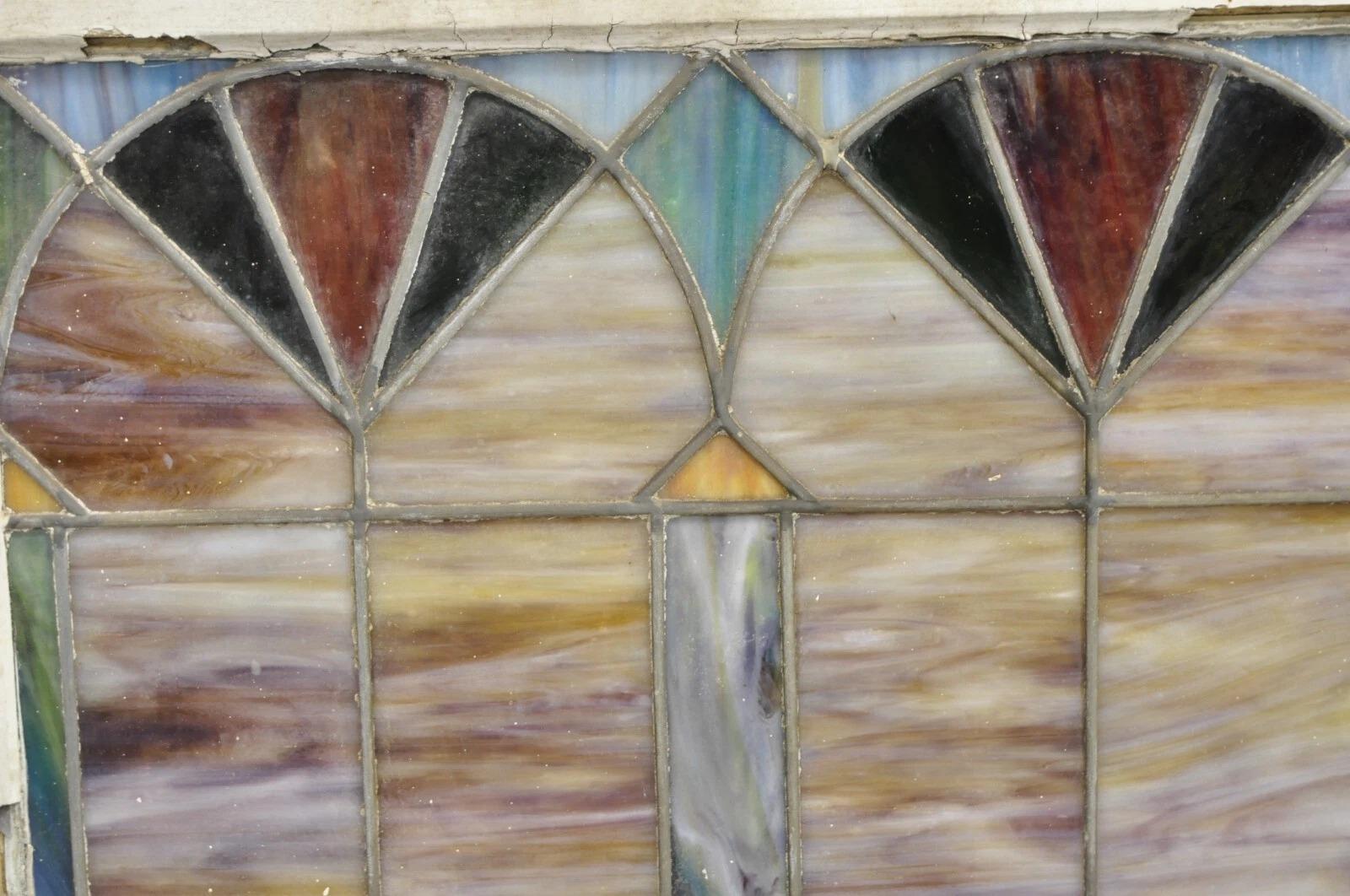 Antique Victorian Stained Leaded Glass Blue Green 24x48 