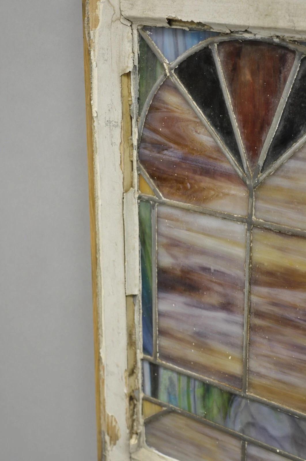 Antique Victorian Stained Leaded Glass Blue Green 24x48 