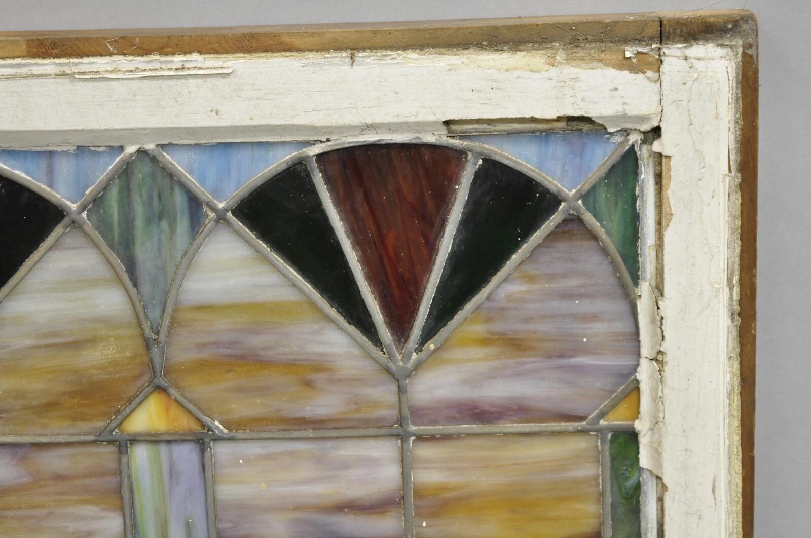 Antique Victorian Stained Leaded Glass Blue Green 24x48 