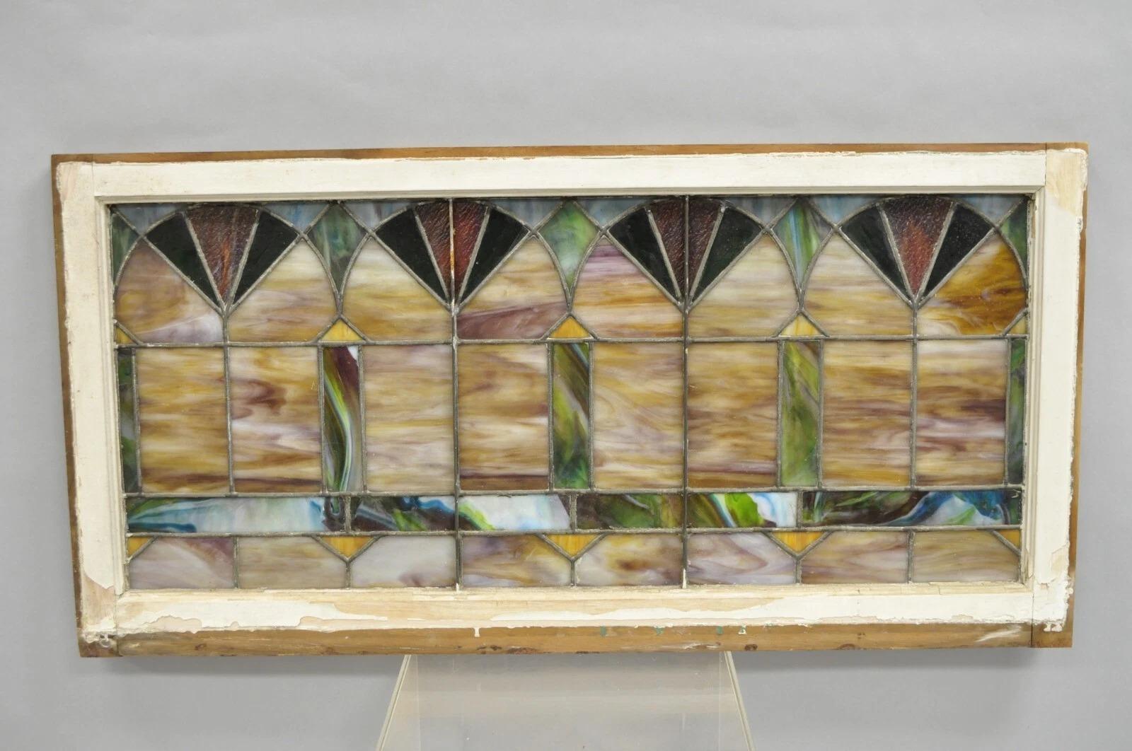 Antique Victorian Stained Leaded Glass Blue Green 24x48 