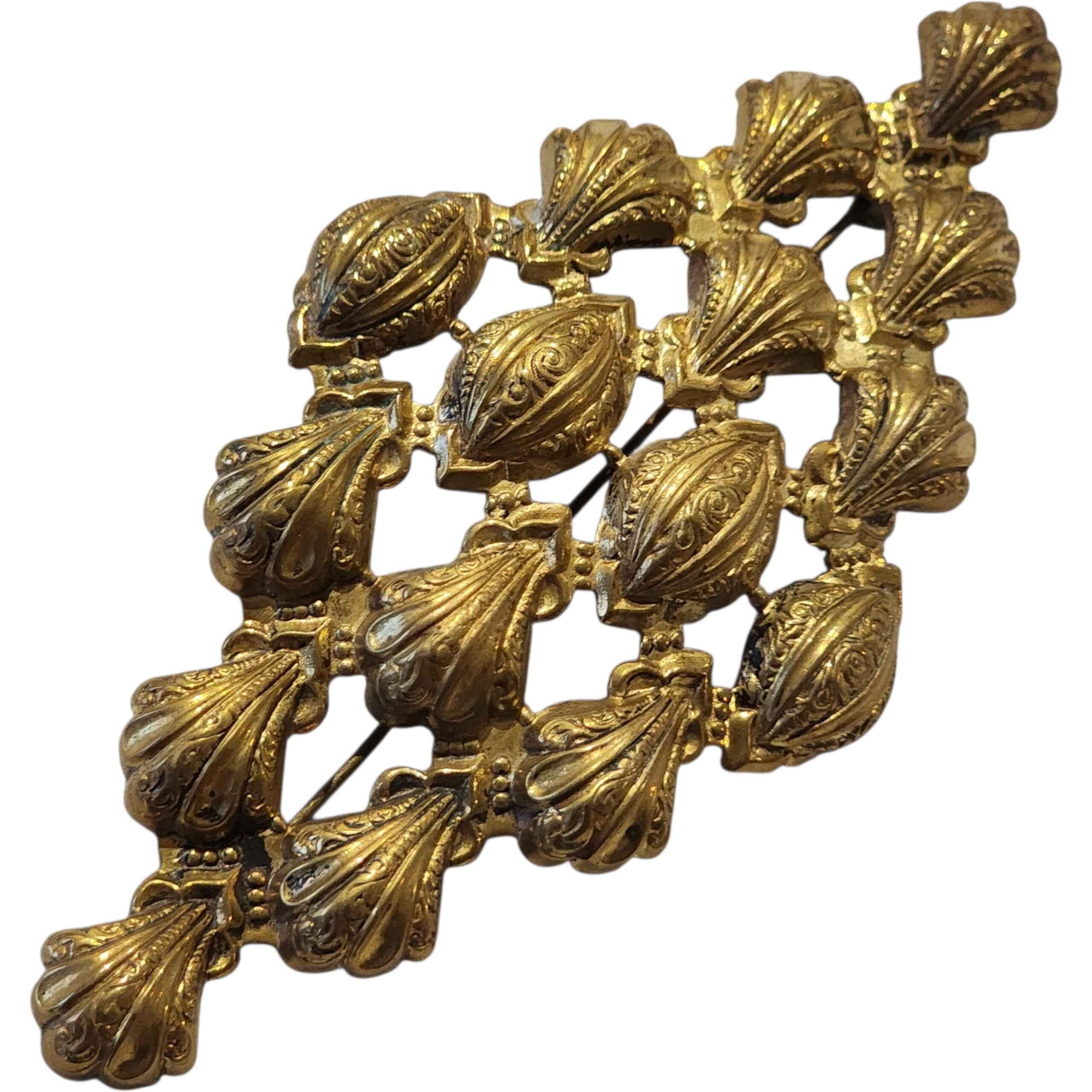 Bead Antique Victorian Stamped Brass Openwork Brooch with Shell & Foliate Motifs For Sale