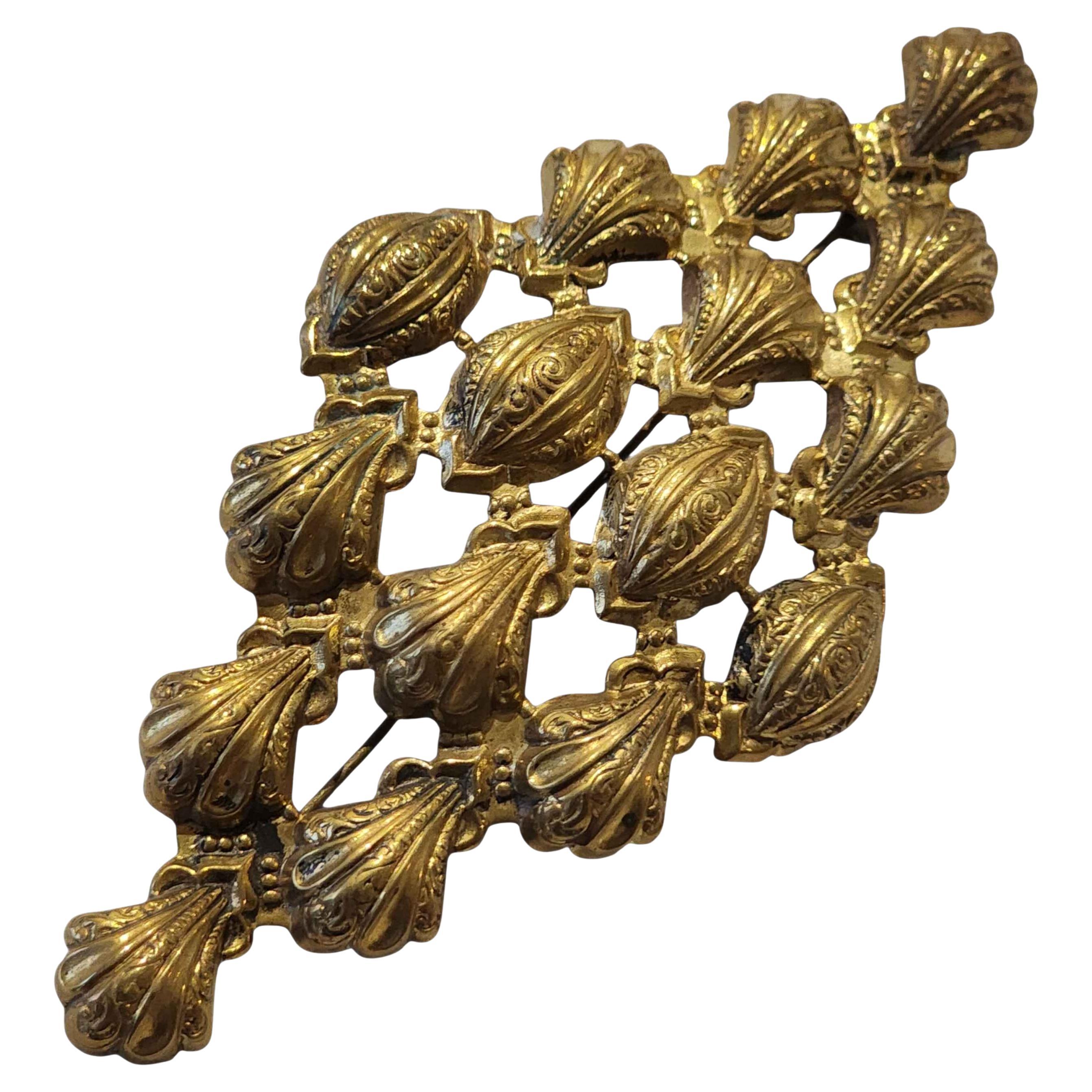 Antique Victorian Stamped Brass Openwork Brooch with Shell 
Foliate Motifs For Sale