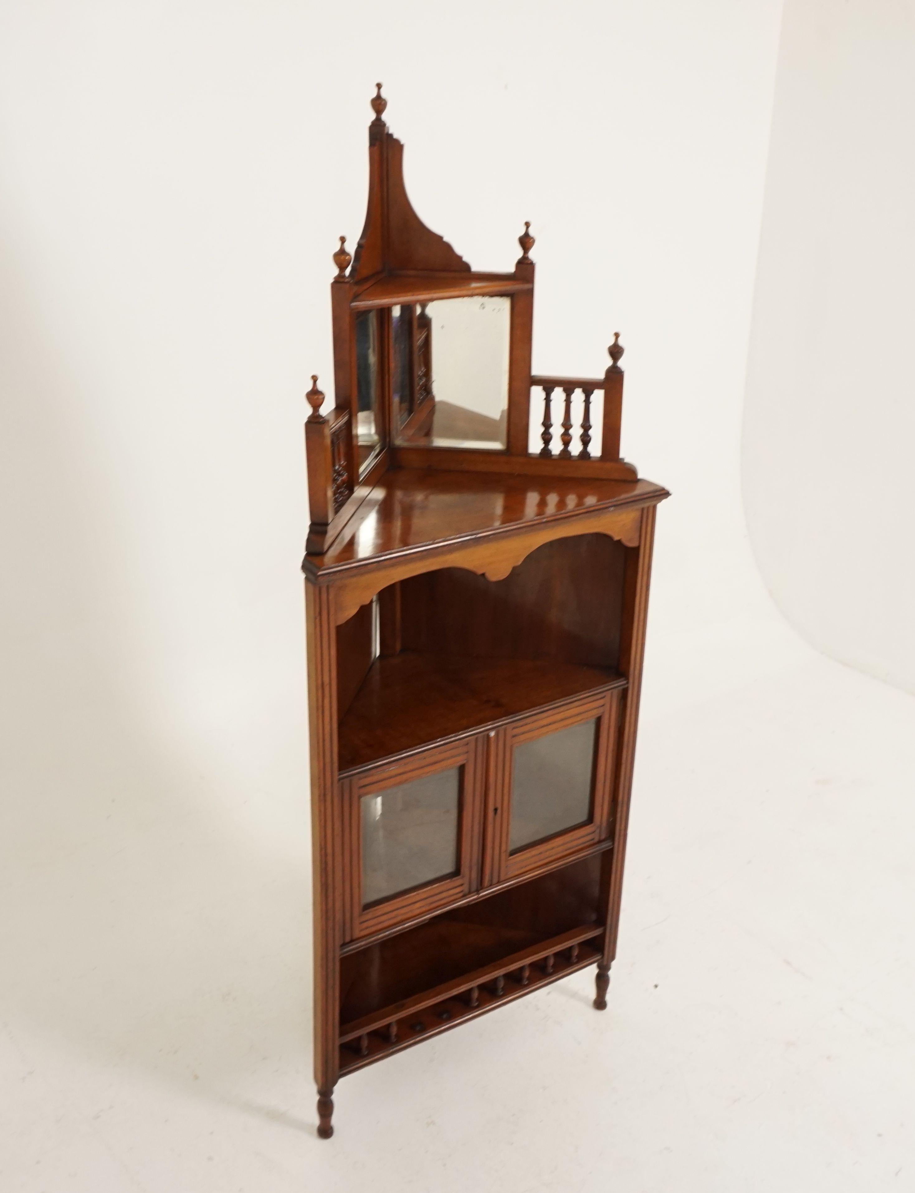 Hand-Crafted Antique Victorian Standing Corner Cabinet, Walnut, Mirror Back, Scotland, 1880 For Sale
