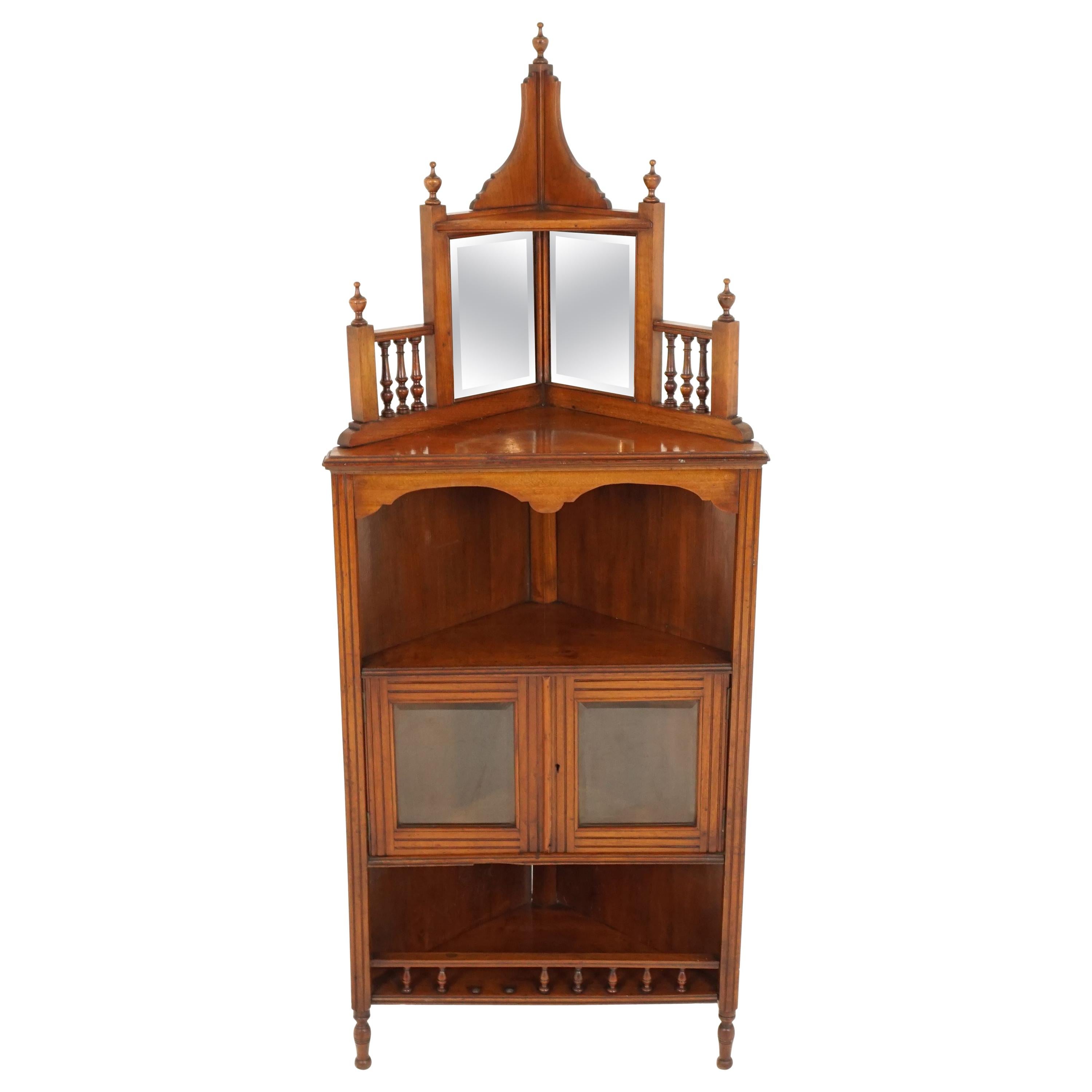 Antique Victorian Standing Corner Cabinet, Walnut, Mirror Back, Scotland, 1880