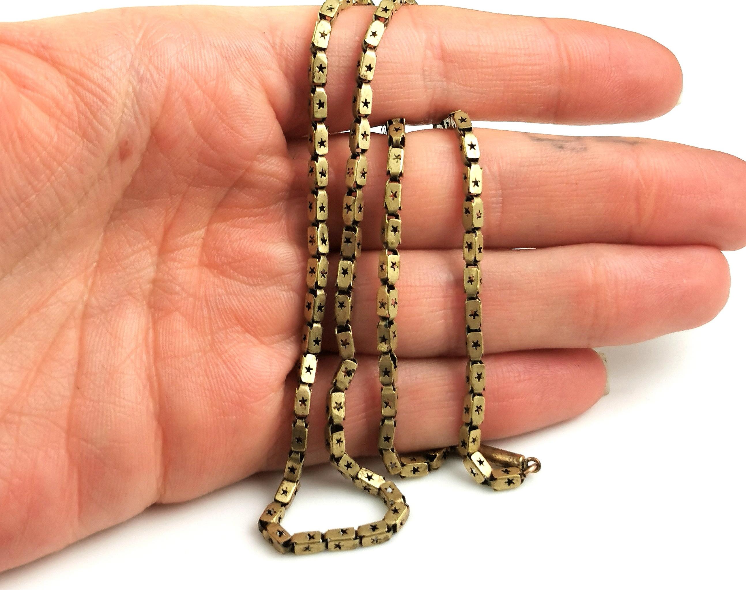 Antique Victorian star link chain necklace, Gilt brass  7